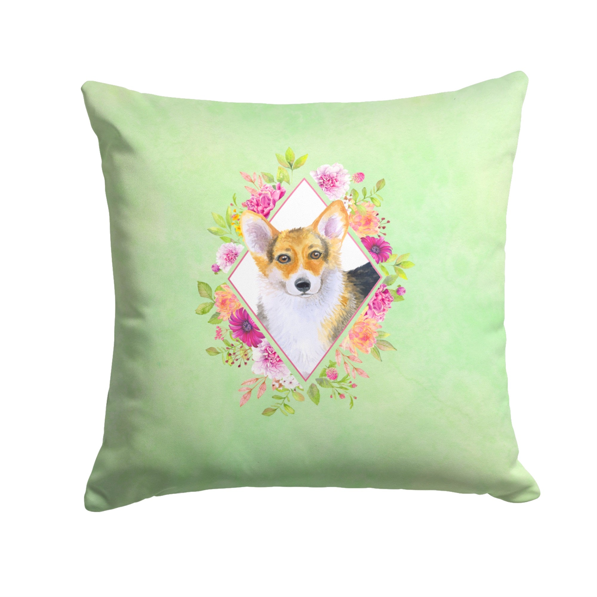 Corgi Green Flowers Fabric Decorative Pillow