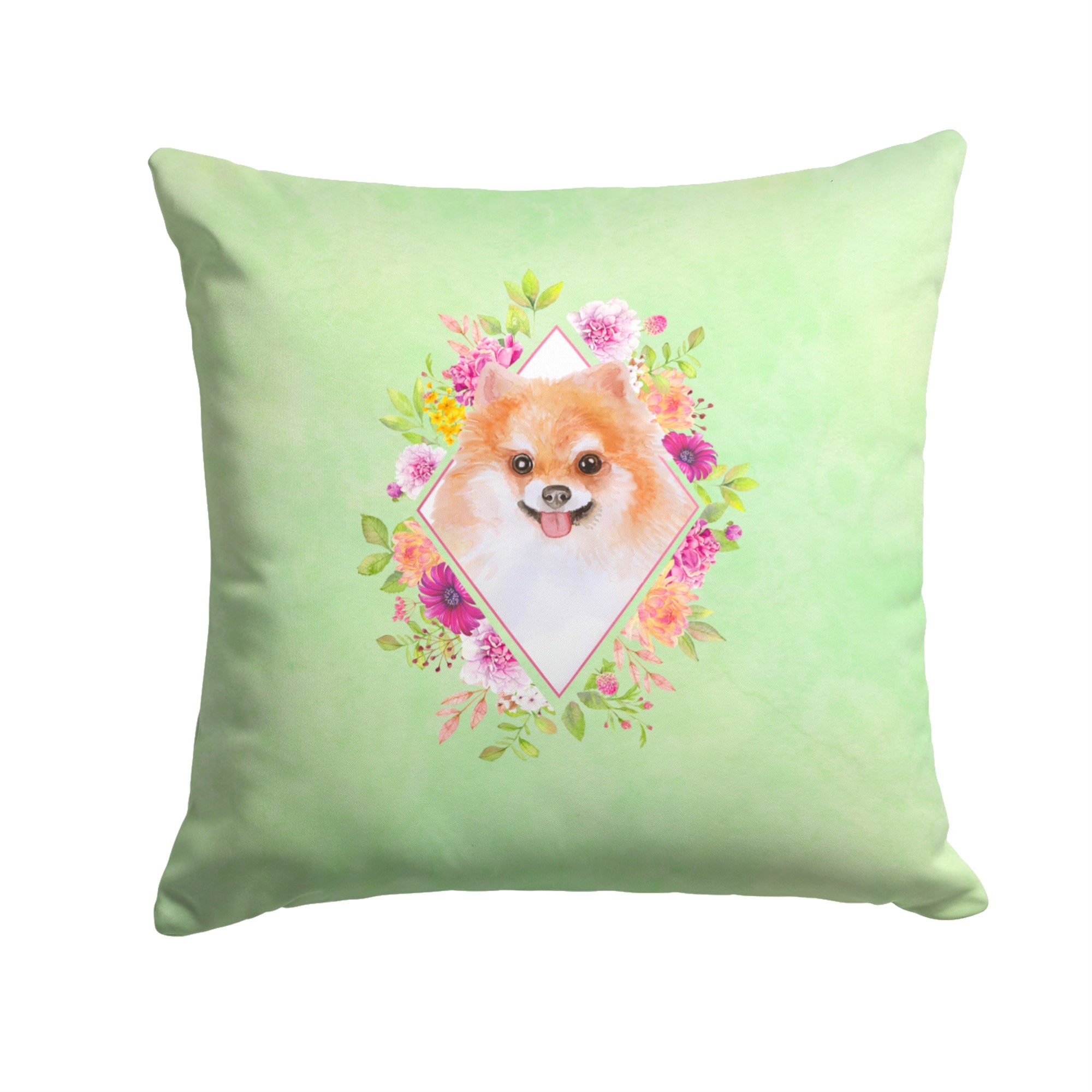 Pomeranian #1 Green Flowers Fabric Decorative Pillow