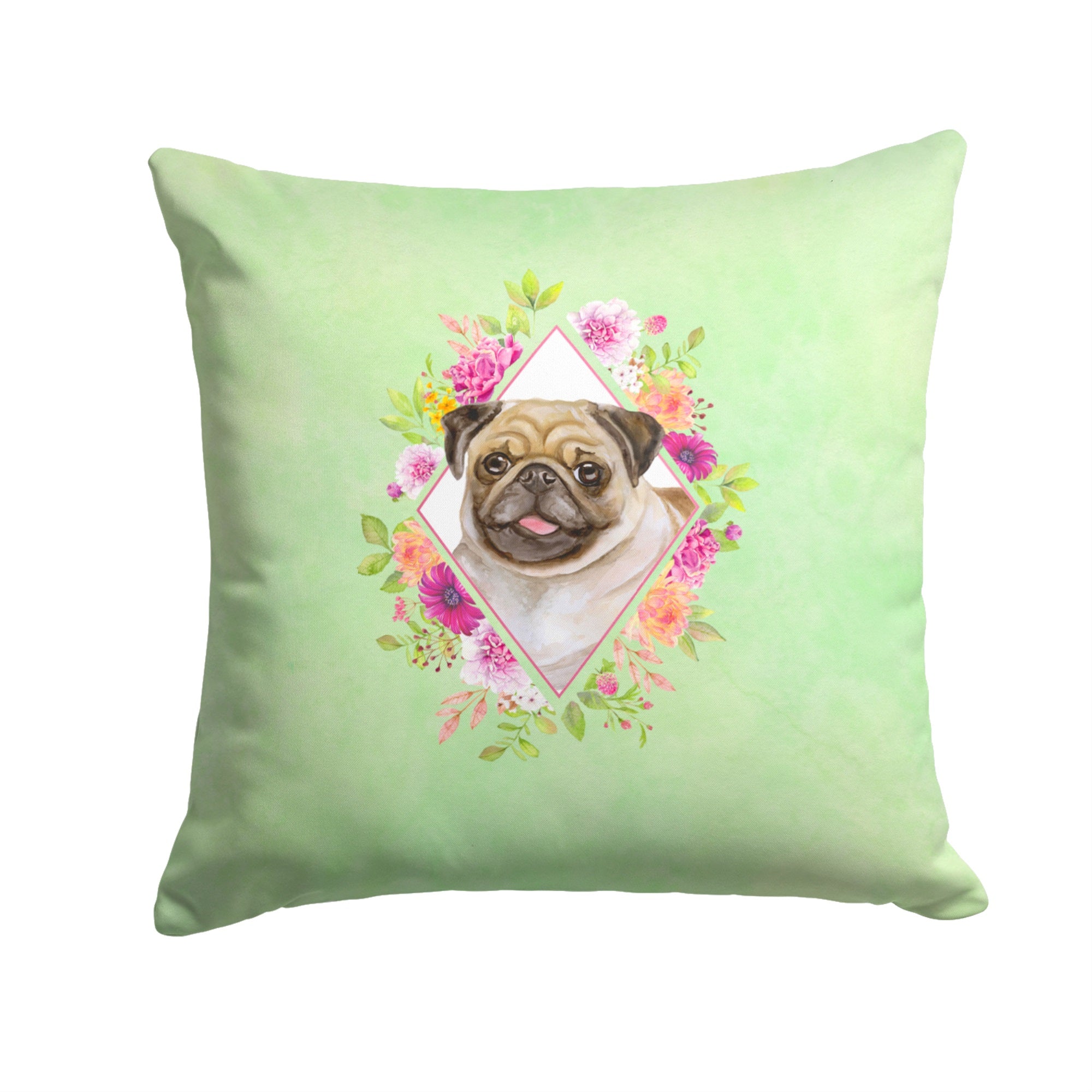Fawn Pug Green Flowers Fabric Decorative Pillow