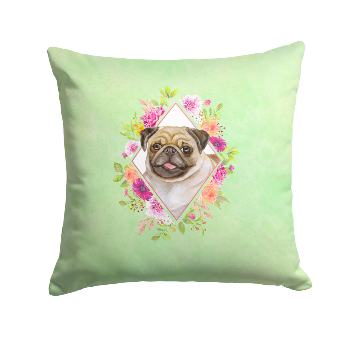 Fawn Pug Green Flowers Fabric Decorative Pillow