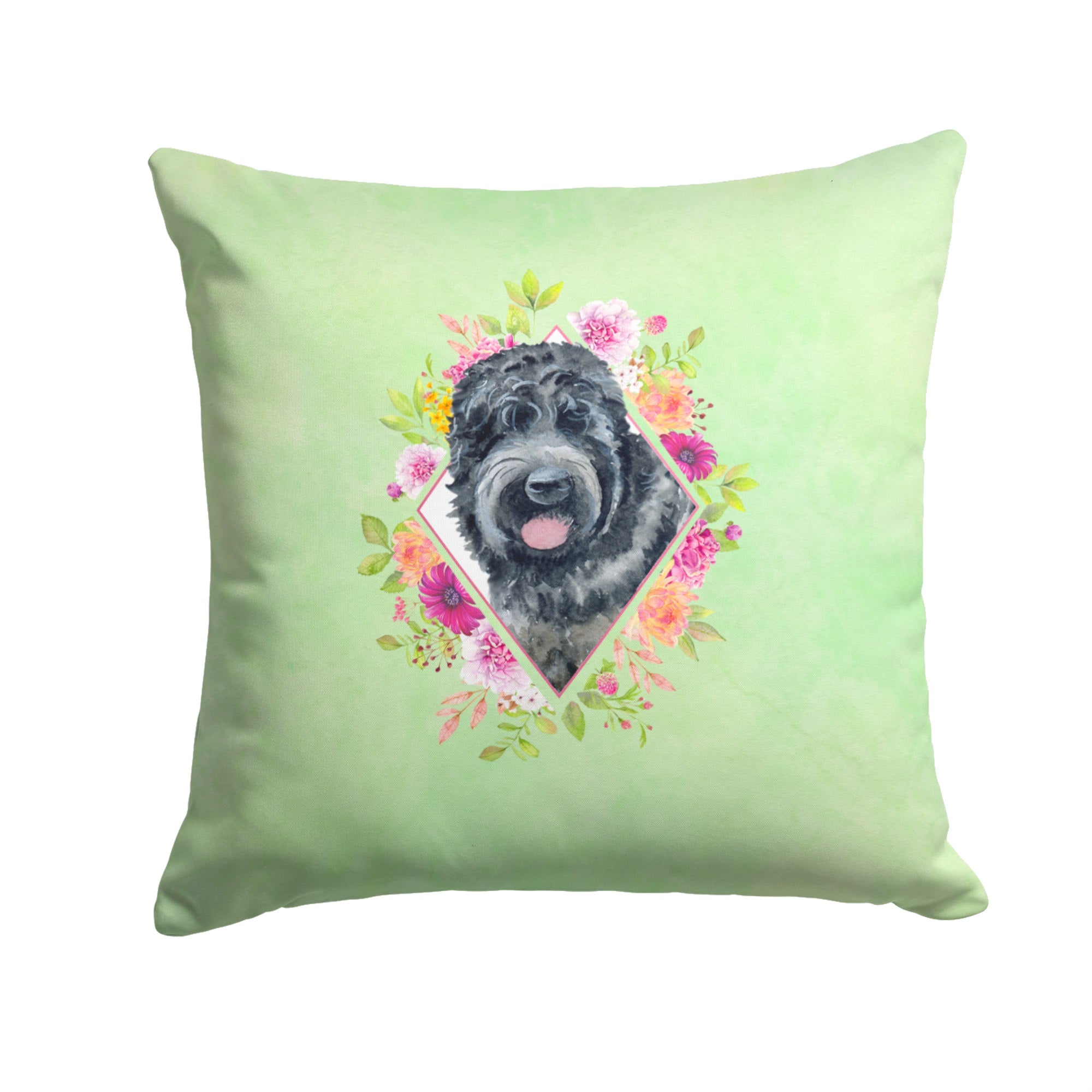 Russian Black Terrier Green Flowers Fabric Decorative Pillow