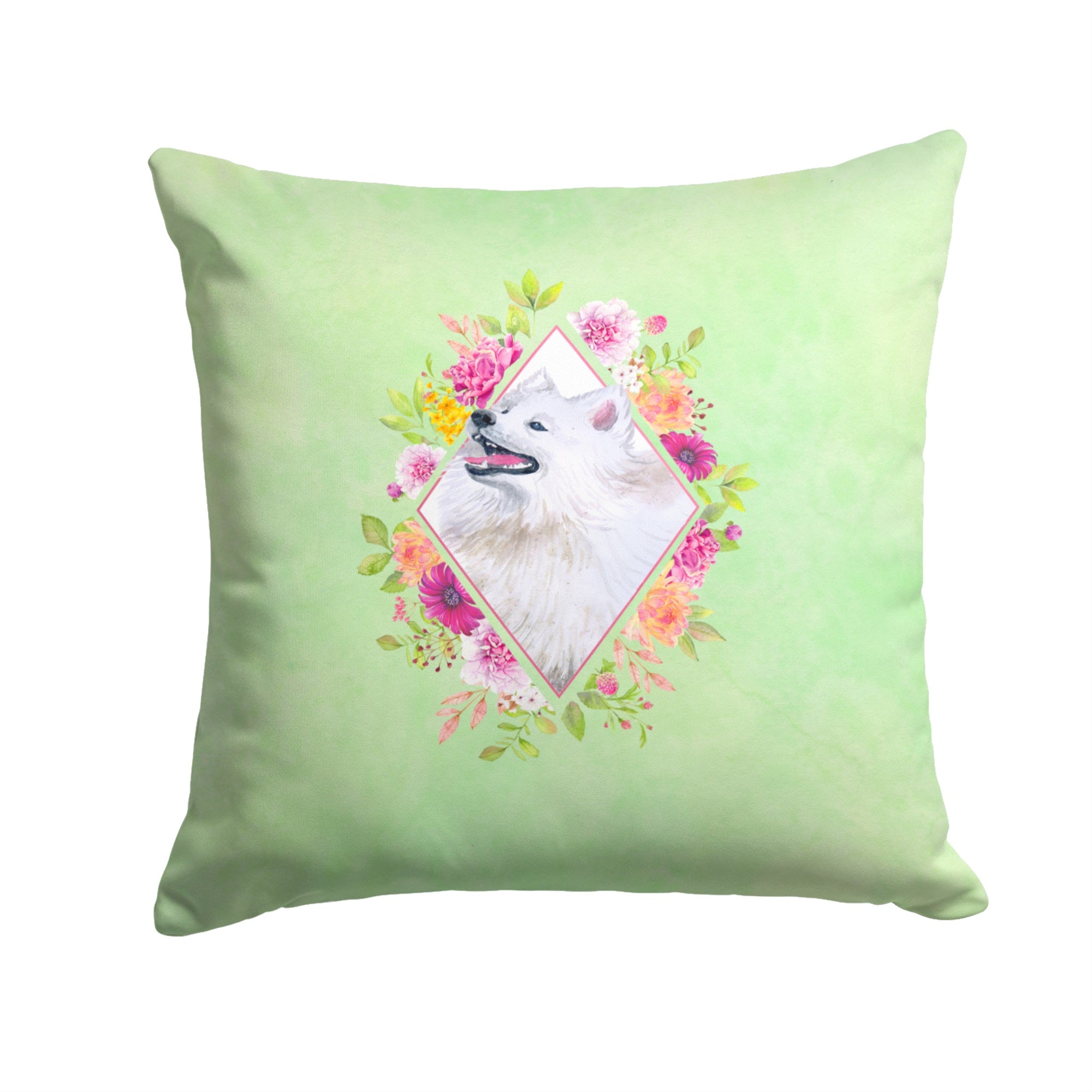 Samoyed Green Flowers Fabric Decorative Pillow
