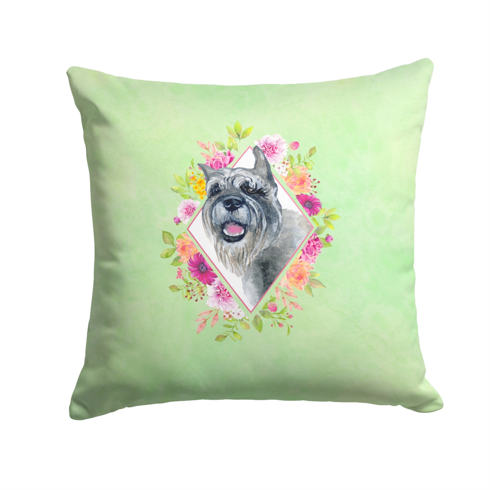 Schnauzer Green Flowers Fabric Decorative Pillow