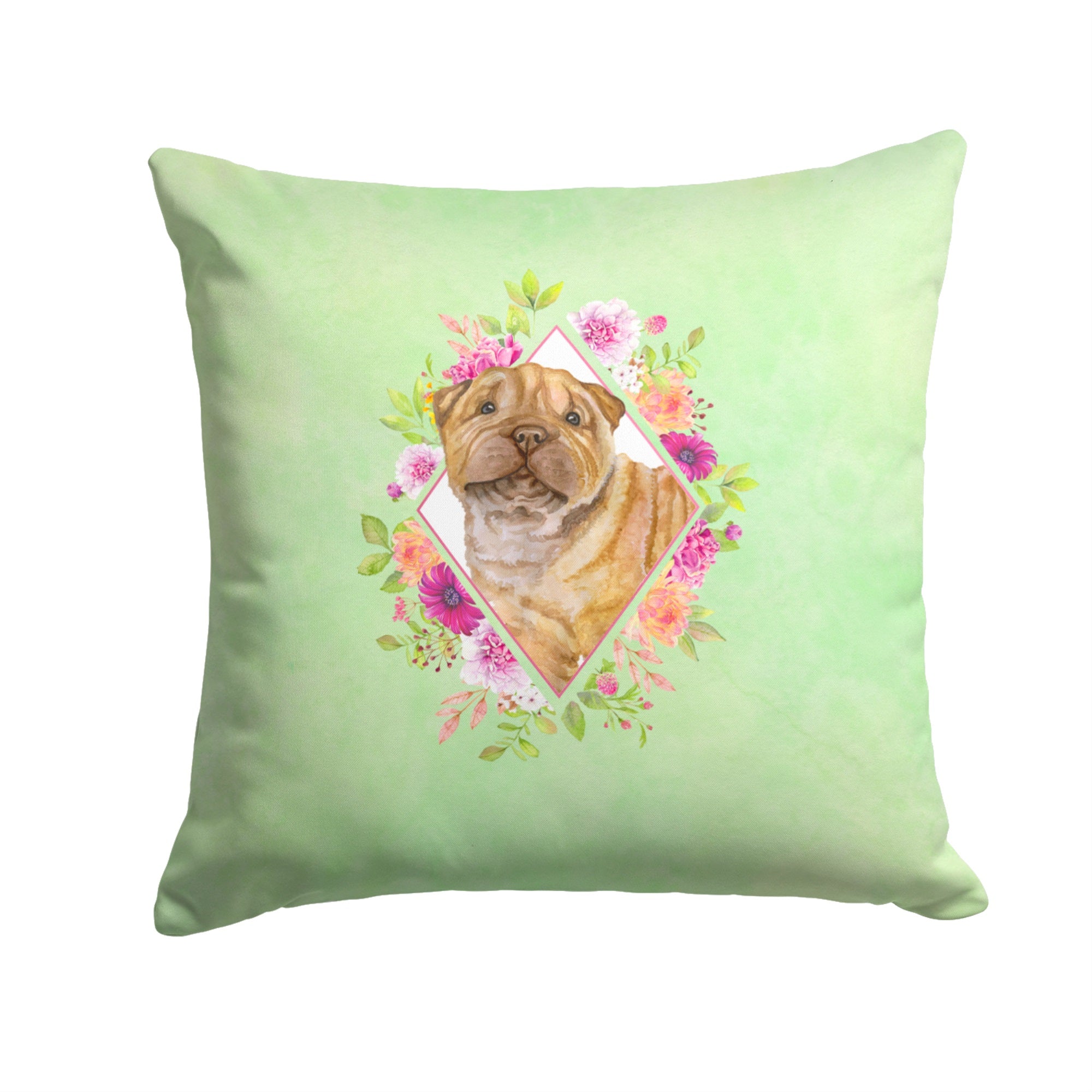 Shar Pei Green Flowers Fabric Decorative Pillow