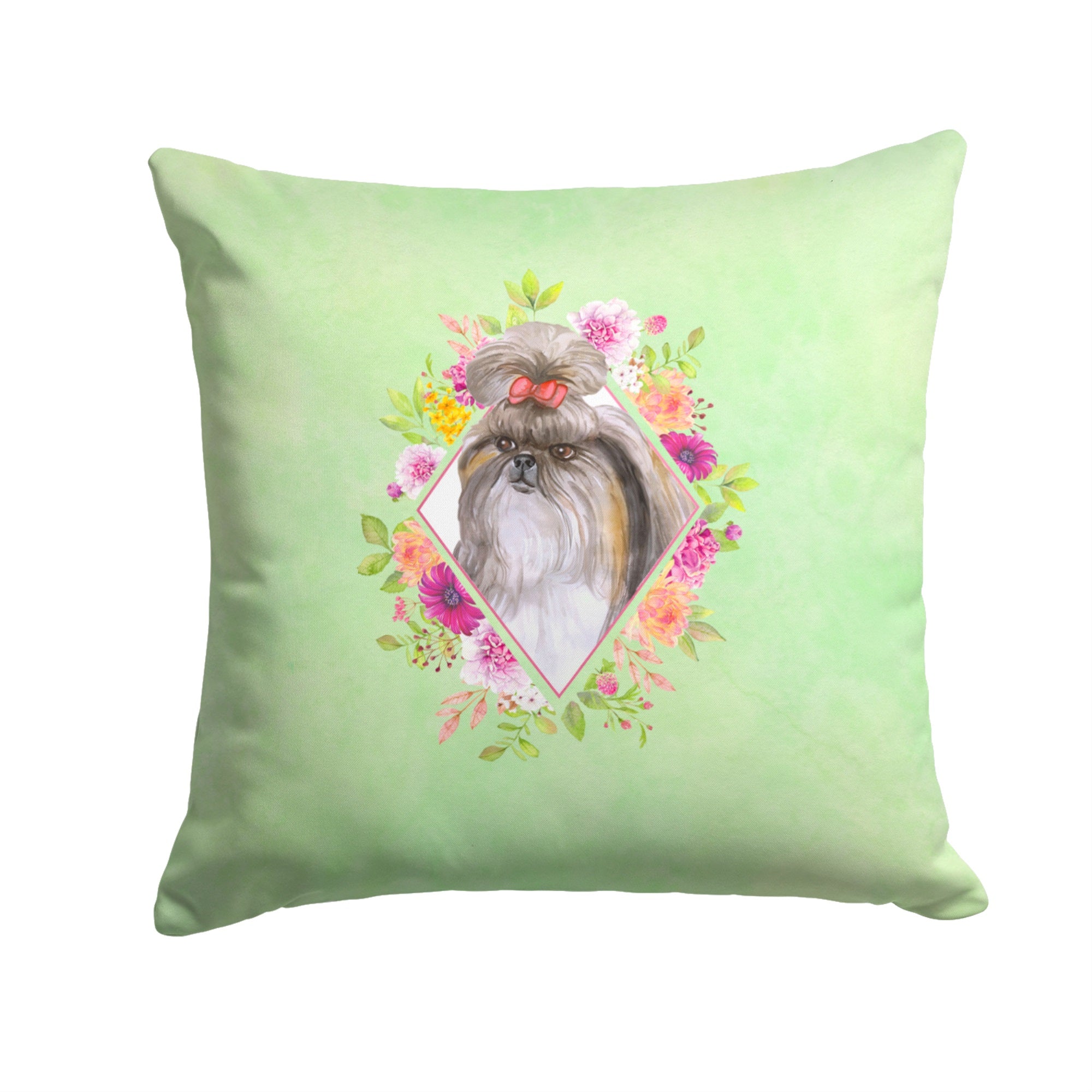 Shih Tzu Green Flowers Fabric Decorative Pillow