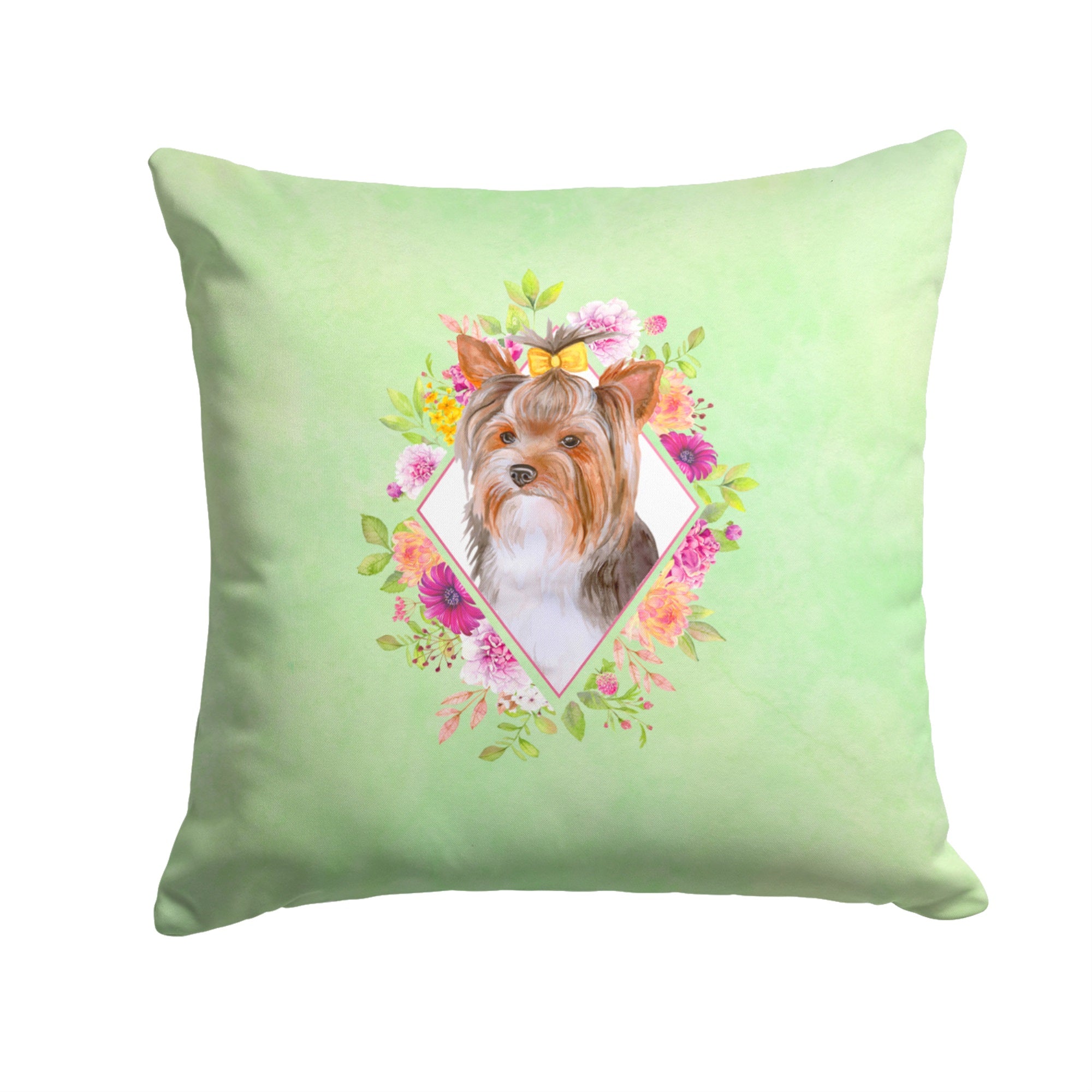 Yorkshire Terrier #1 Green Flowers Fabric Decorative Pillow