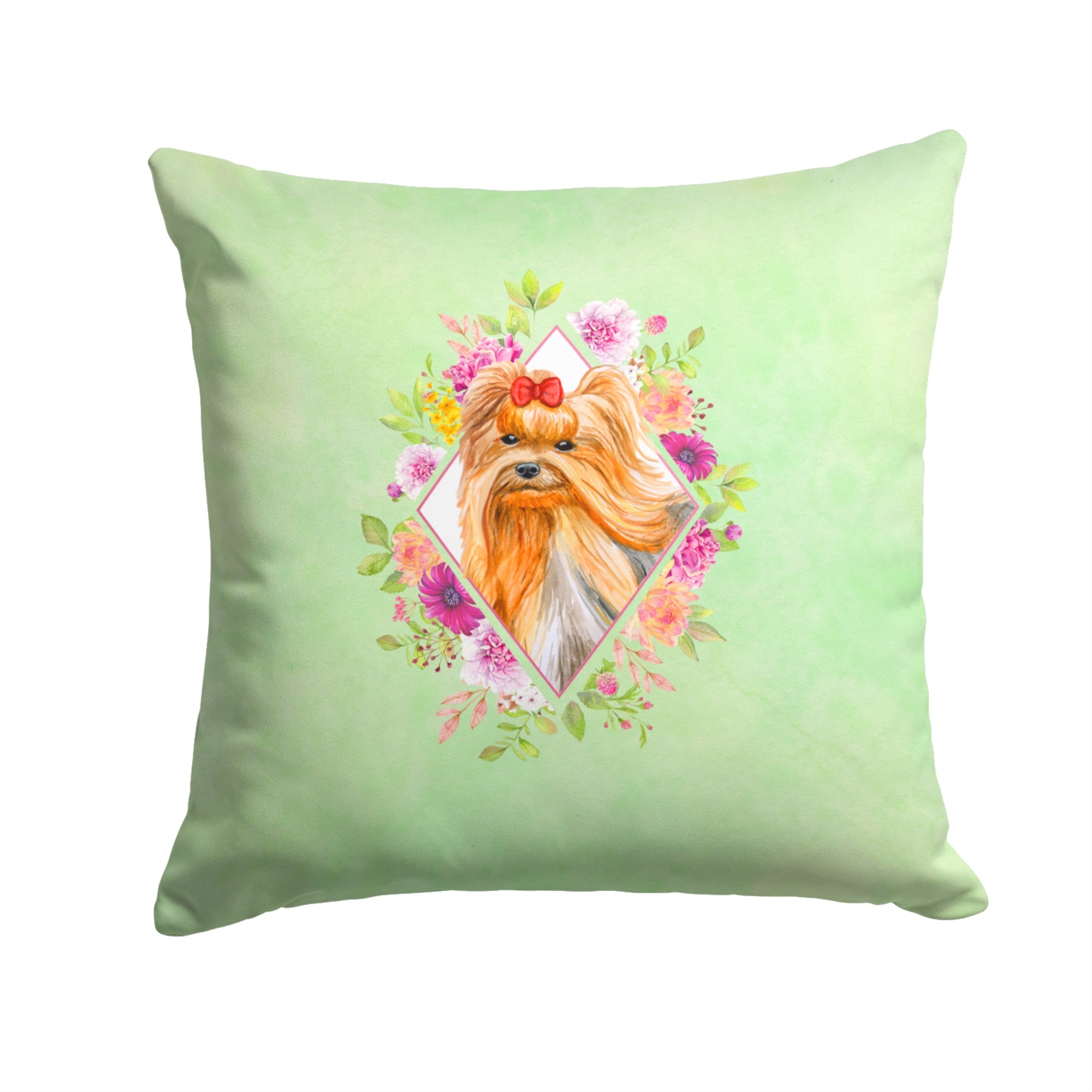 Yorkshire Terrier #2 Green Flowers Fabric Decorative Pillow