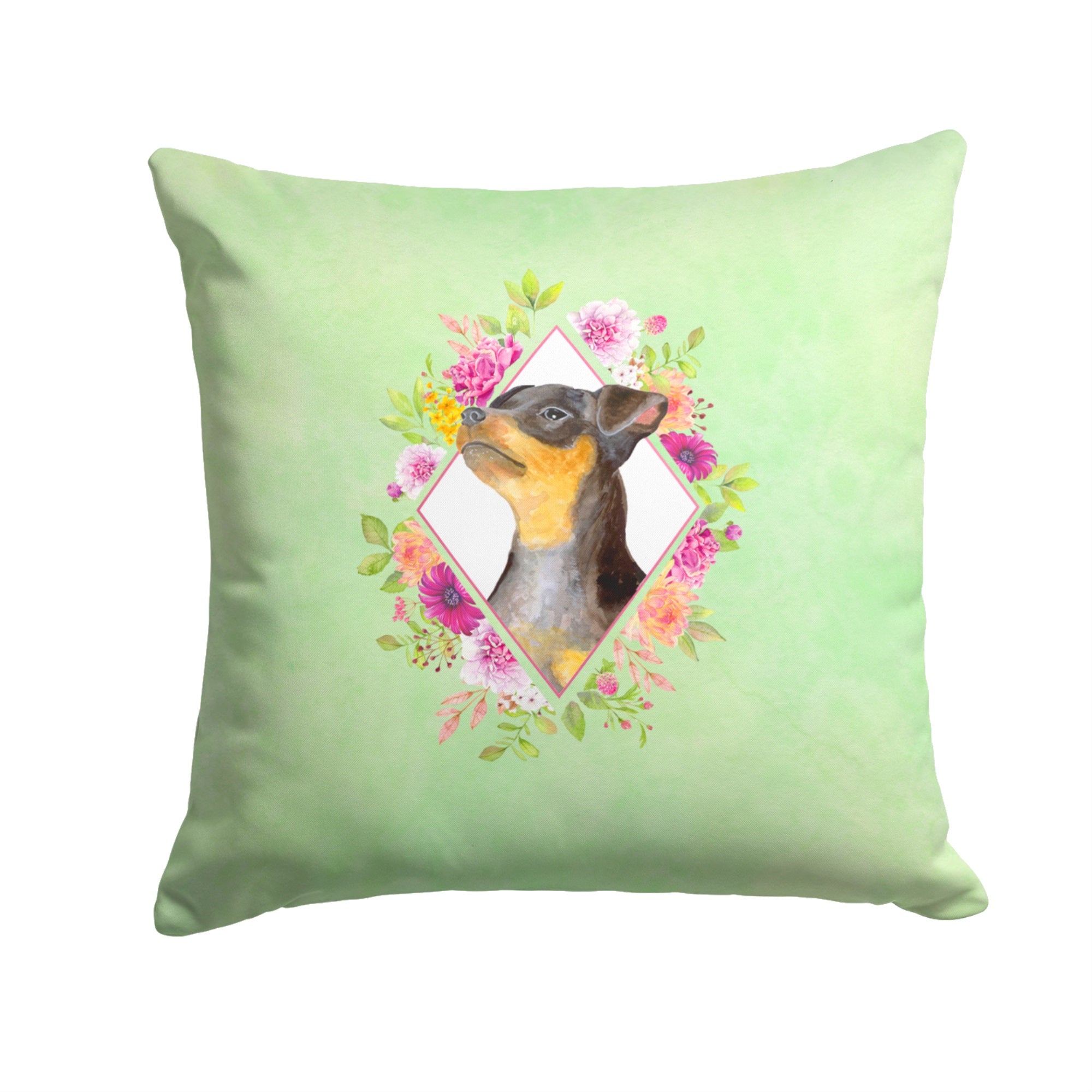Black Miniature Pinscher Green Flowers Fabric Decorative Pillow