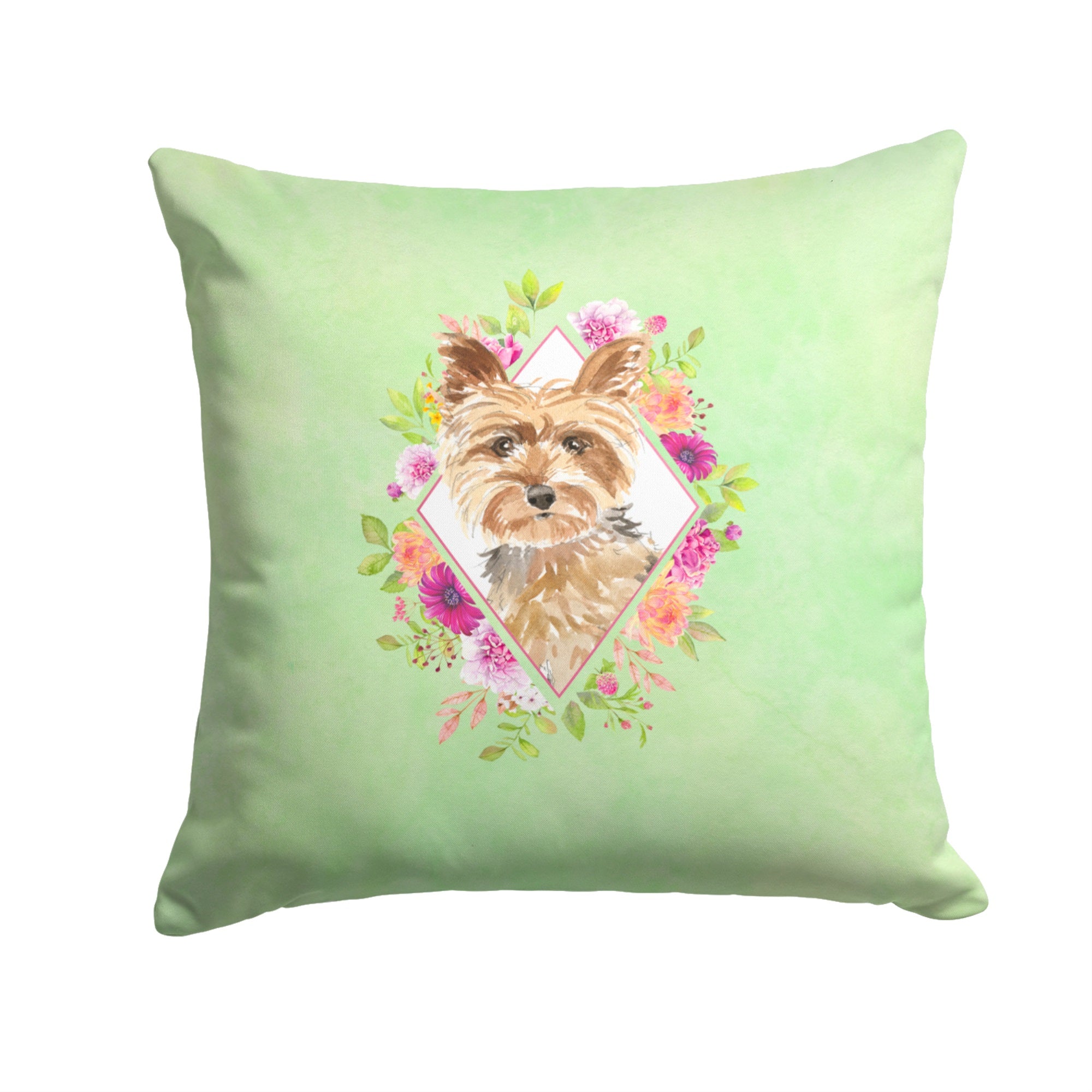 Yorkie Green Flowers Fabric Decorative Pillow