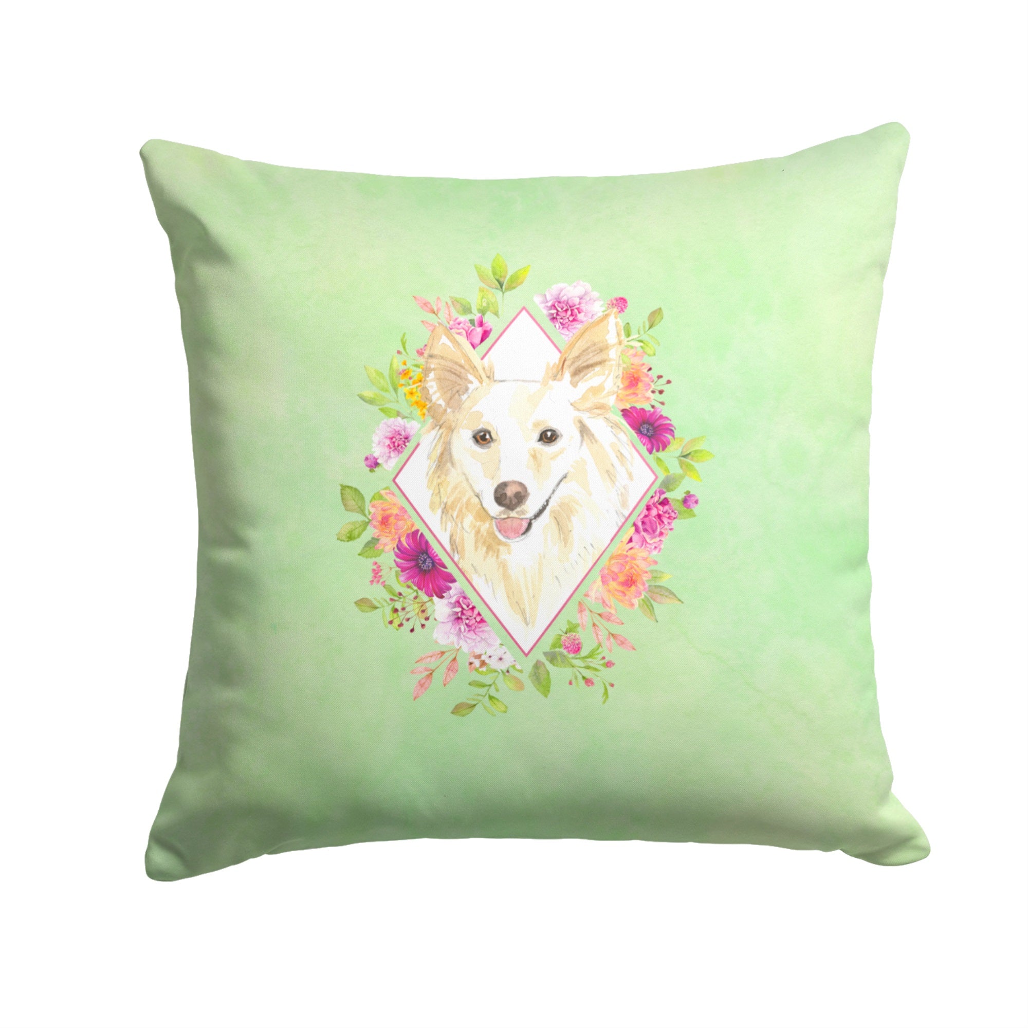 White Collie Green Flowers Fabric Decorative Pillow
