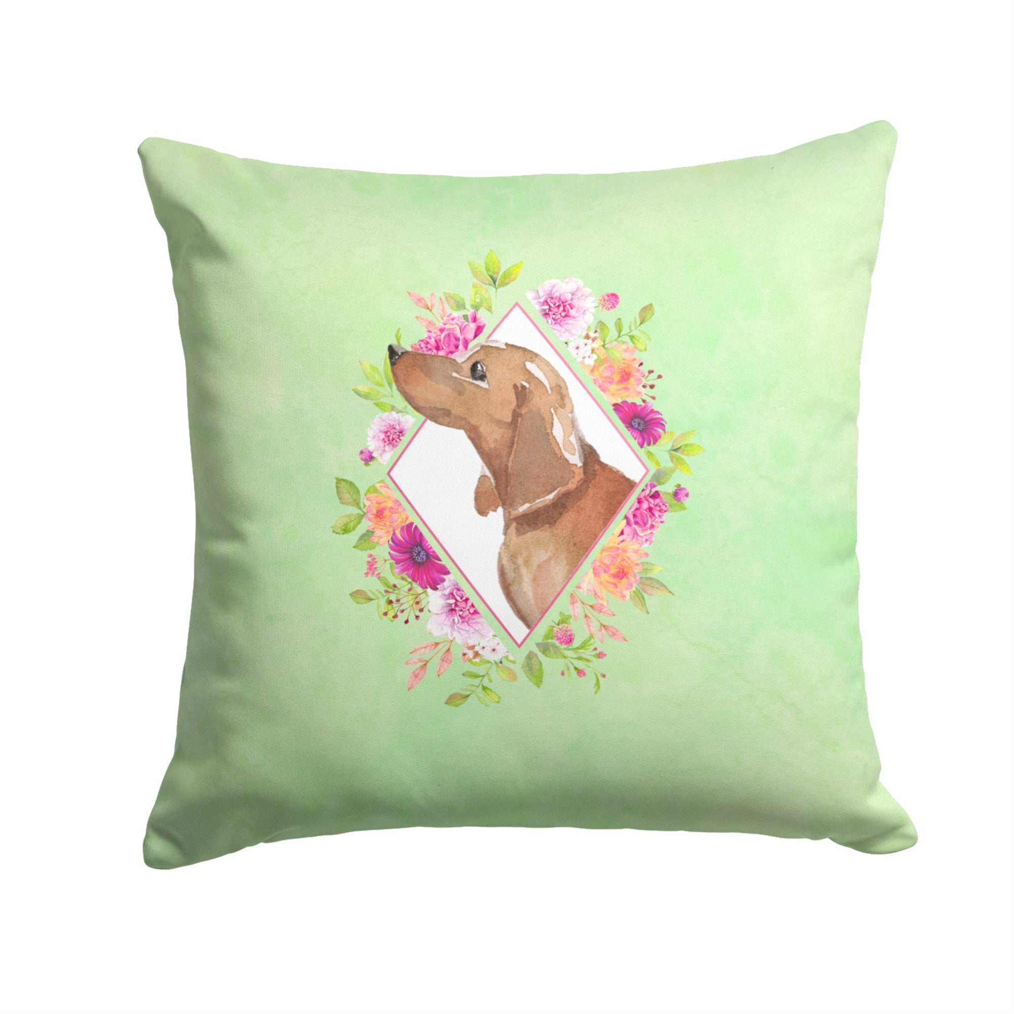 Dachshund Green Flowers Fabric Decorative Pillow