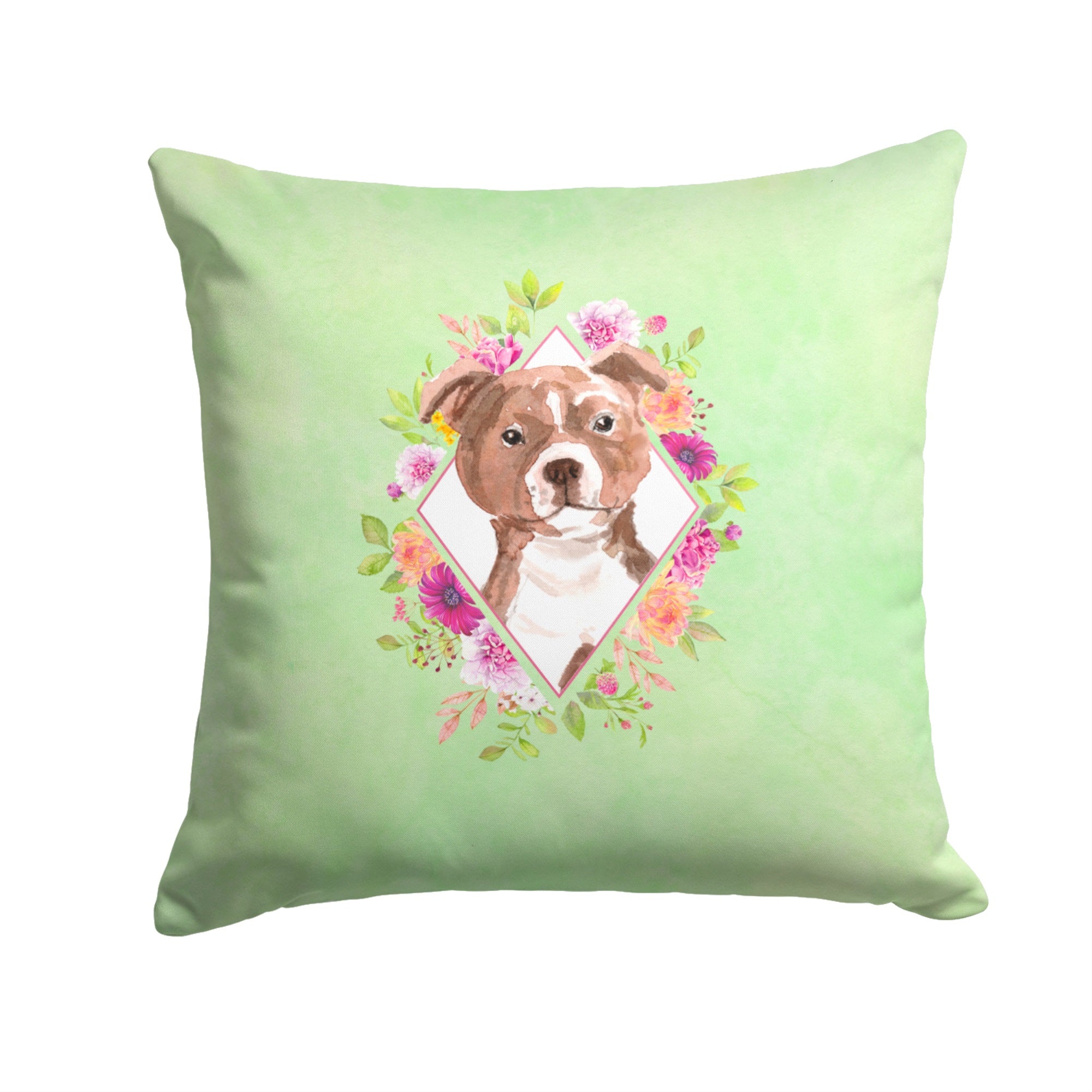 Staffie Bull Terrier Green Flowers Fabric Decorative Pillow