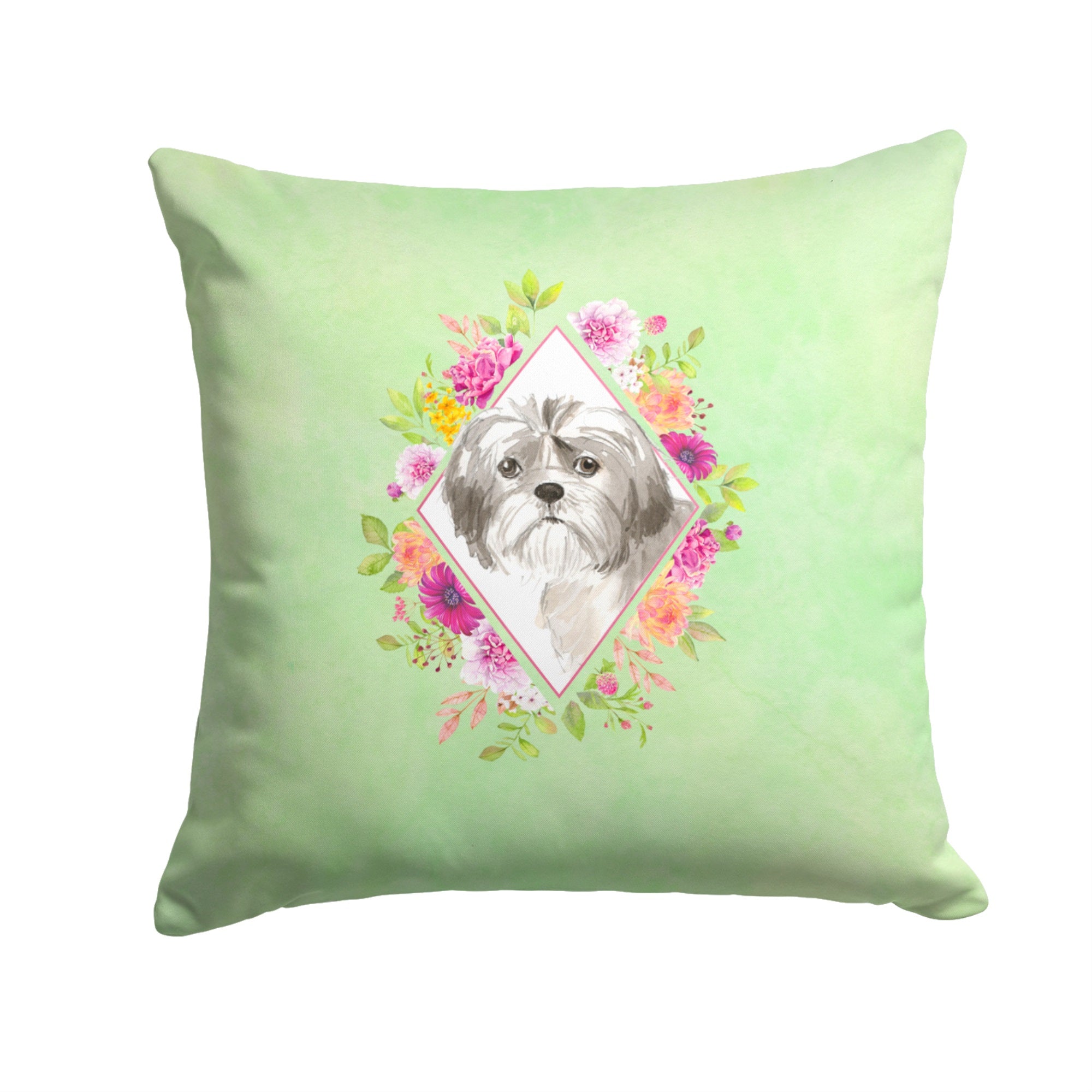 Shih Tzu Puppy Green Flowers Fabric Decorative Pillow