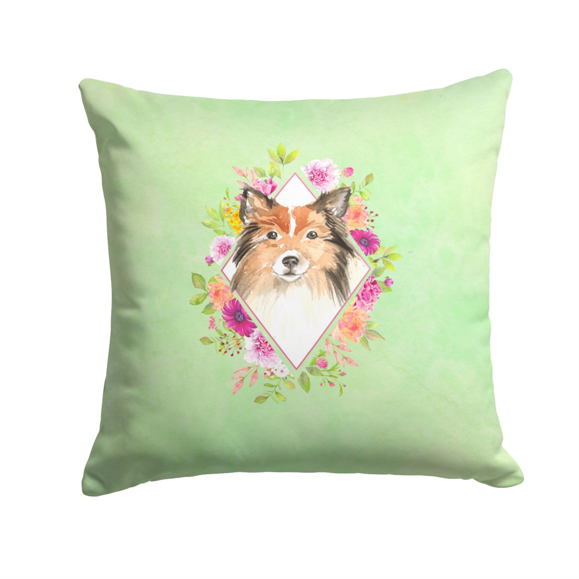 Sheltie Green Flowers Fabric Decorative Pillow