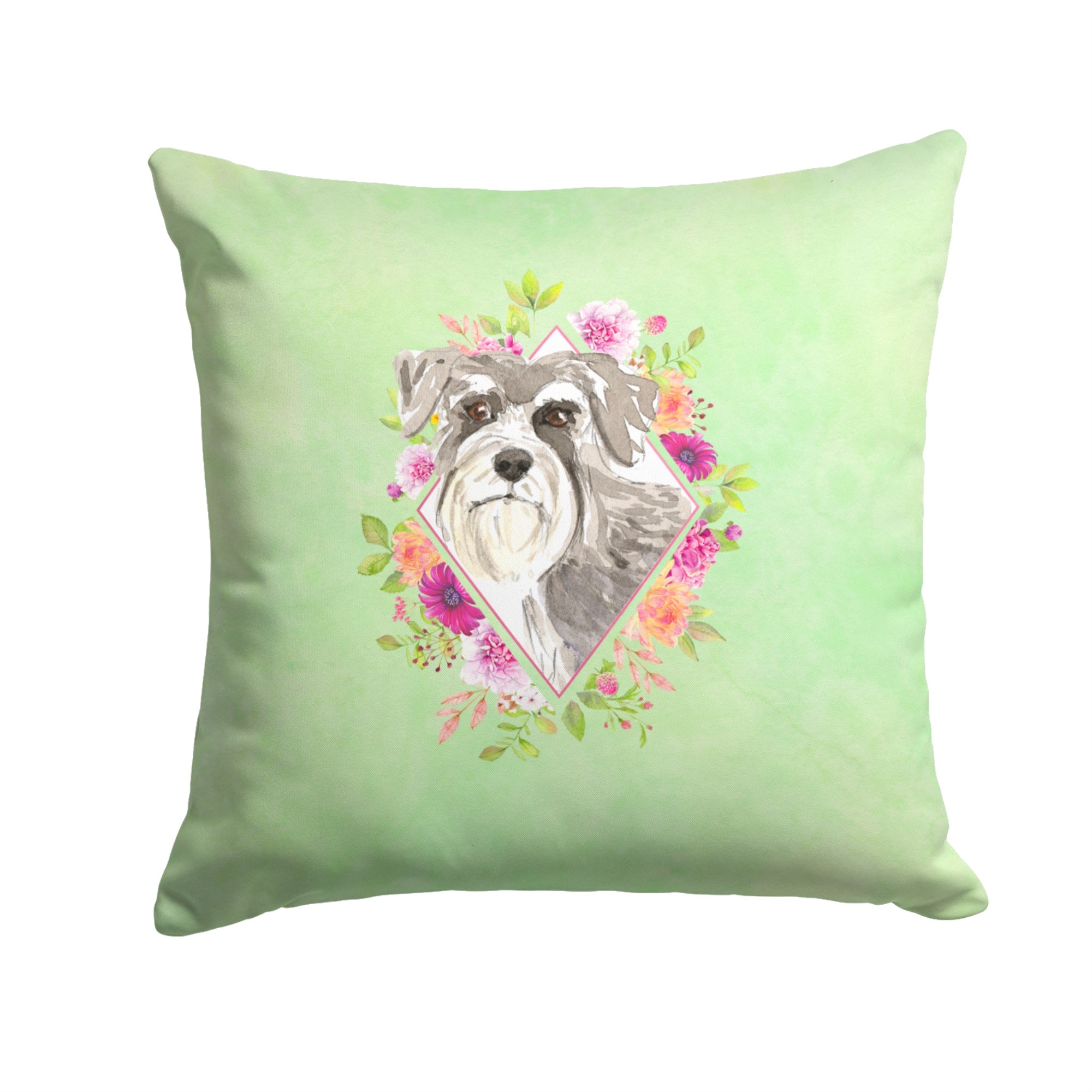 Schnauzer #1 Green Flowers Fabric Decorative Pillow