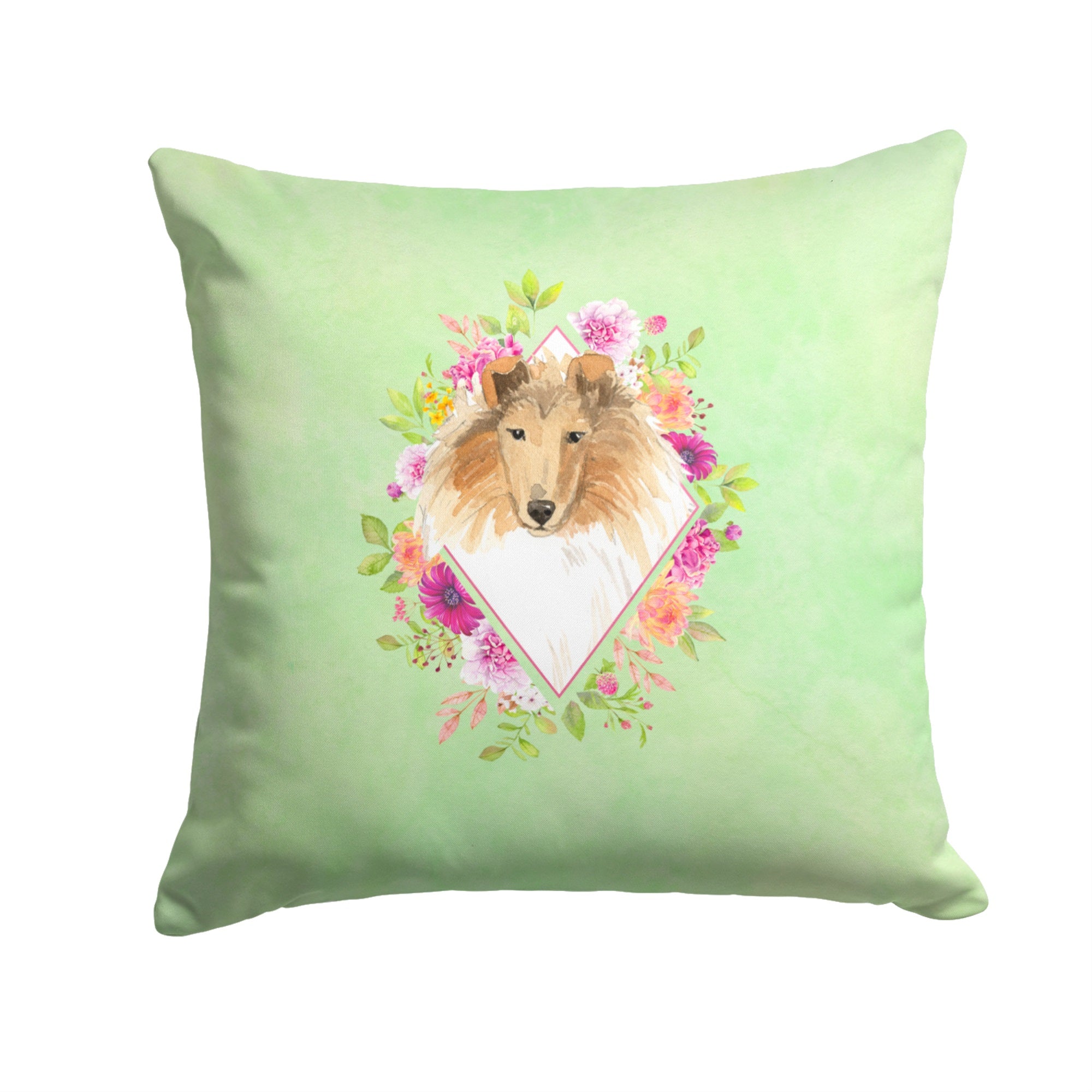 Collie Green Flowers Fabric Decorative Pillow