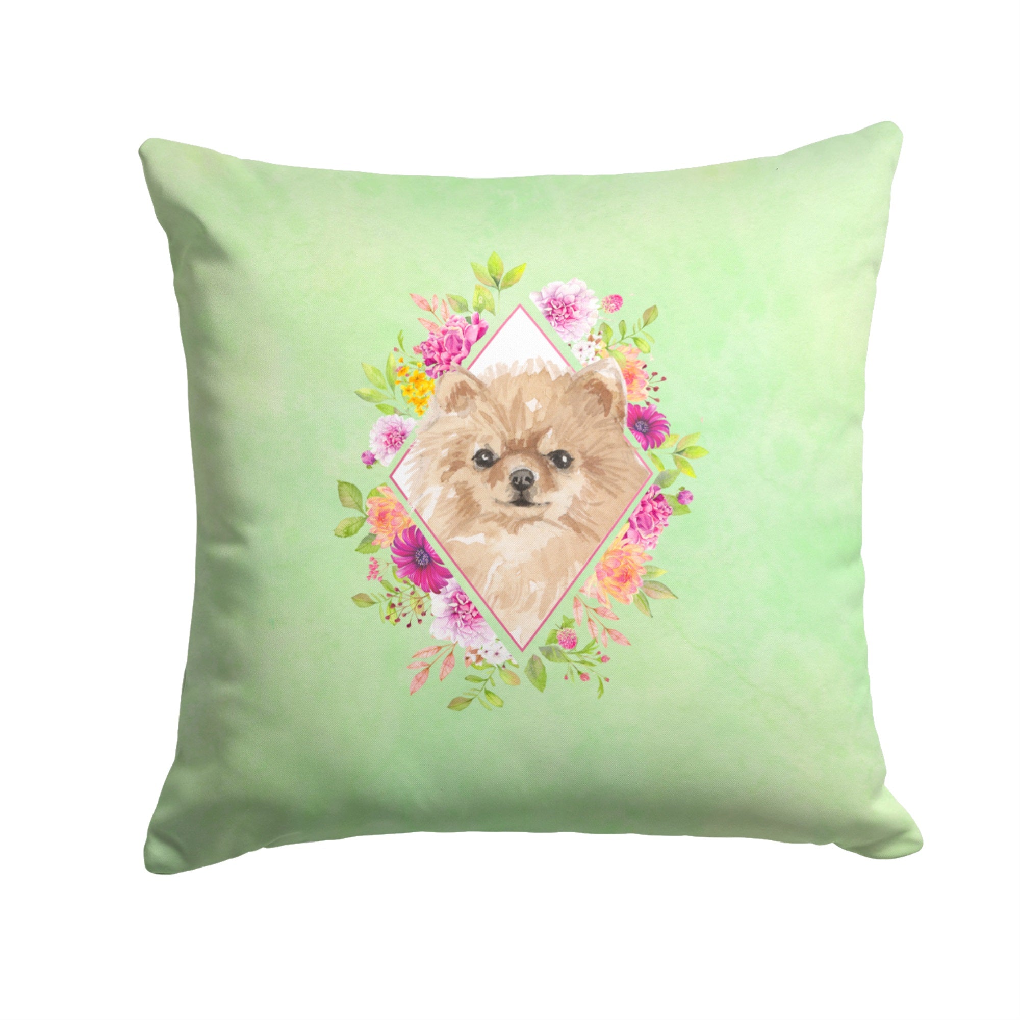 Pomeranian Green Flowers Fabric Decorative Pillow