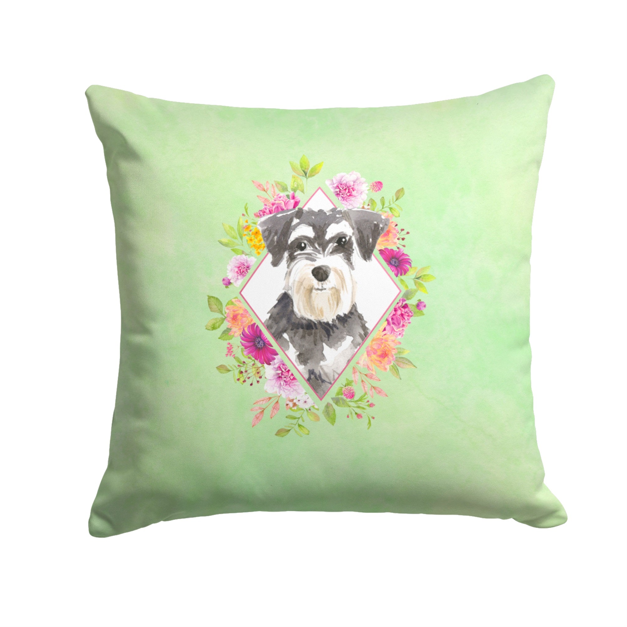 Schnauzer #2 Green Flowers Fabric Decorative Pillow