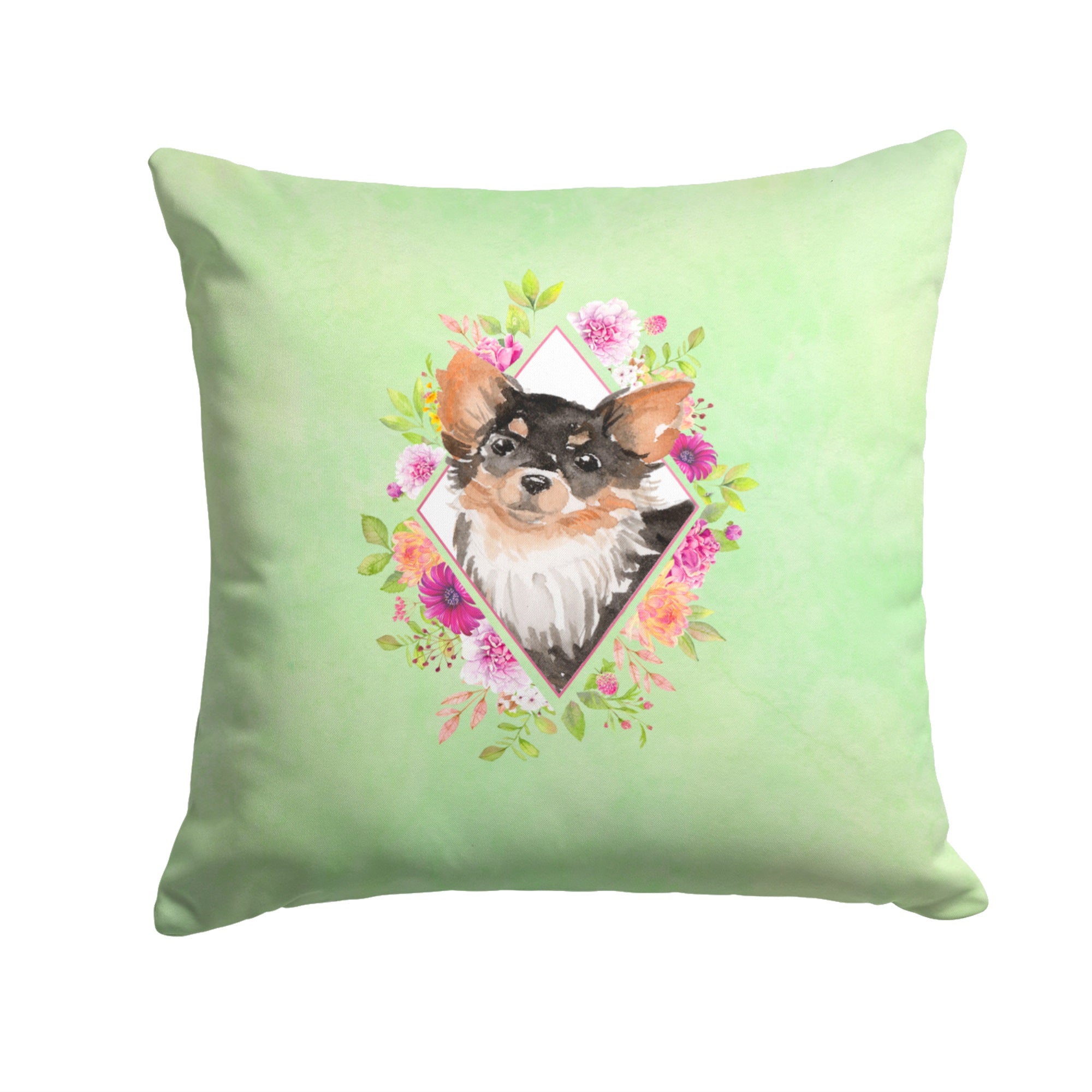 Longhaired Chihuahua Green Flowers Fabric Decorative Pillow