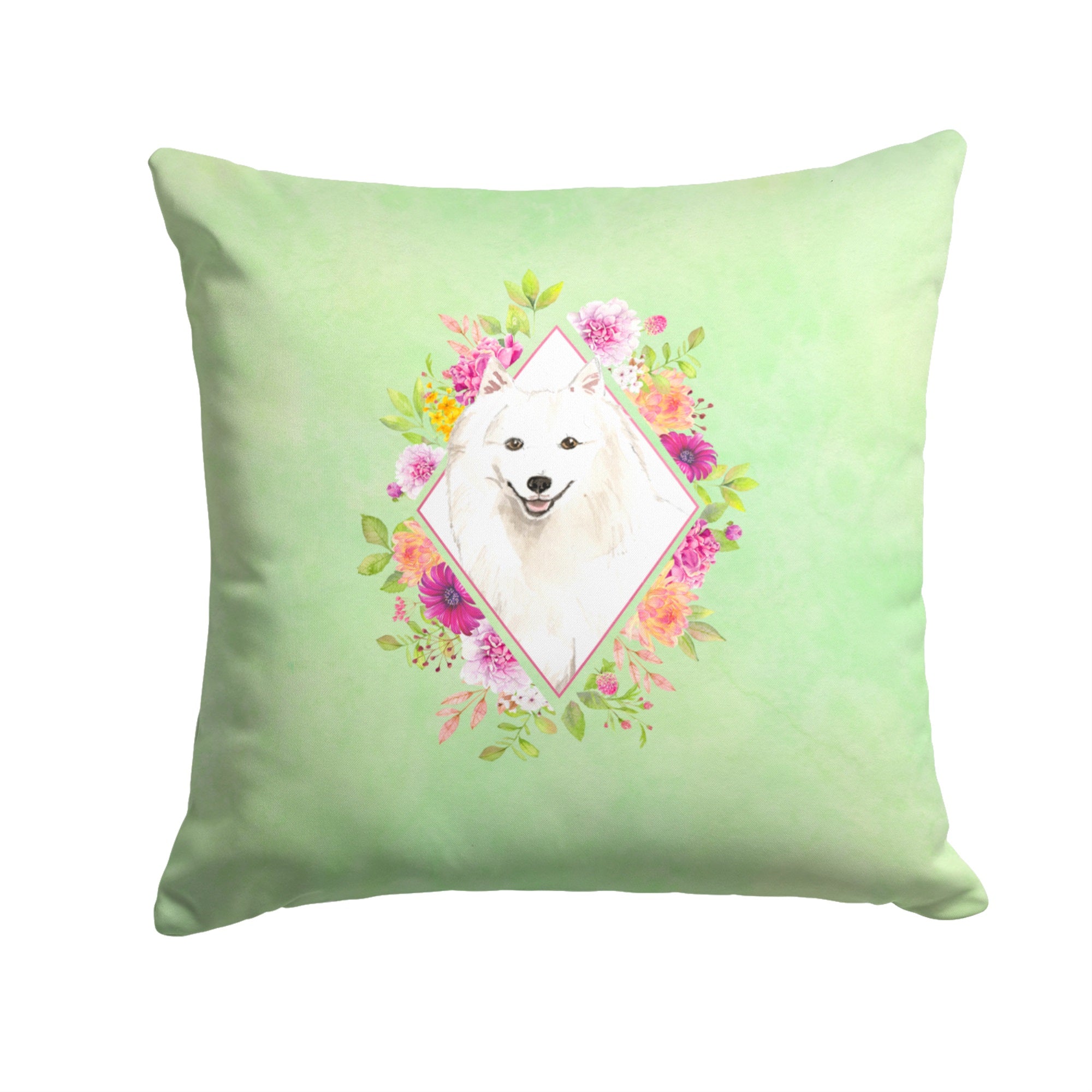 Japanese Spitz Green Flowers Fabric Decorative Pillow