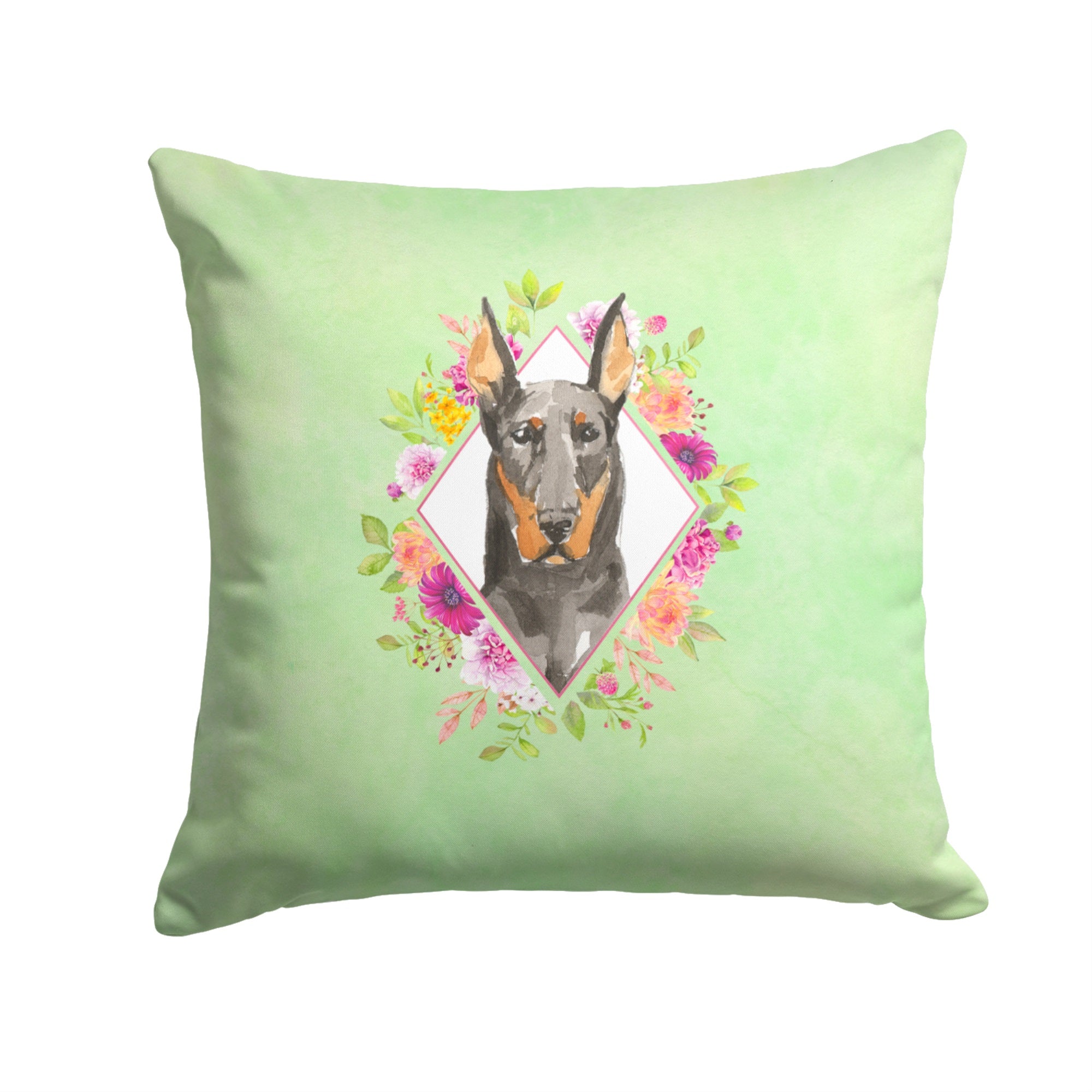 Doberman Pinsher Green Flowers Fabric Decorative Pillow