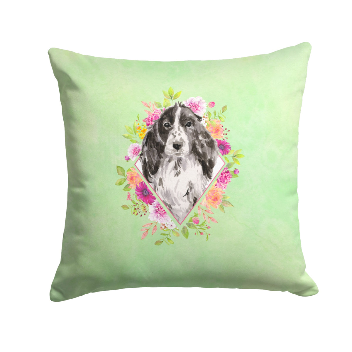 Black Parti Cocker Spaniel Green Flowers Fabric Decorative Pillow