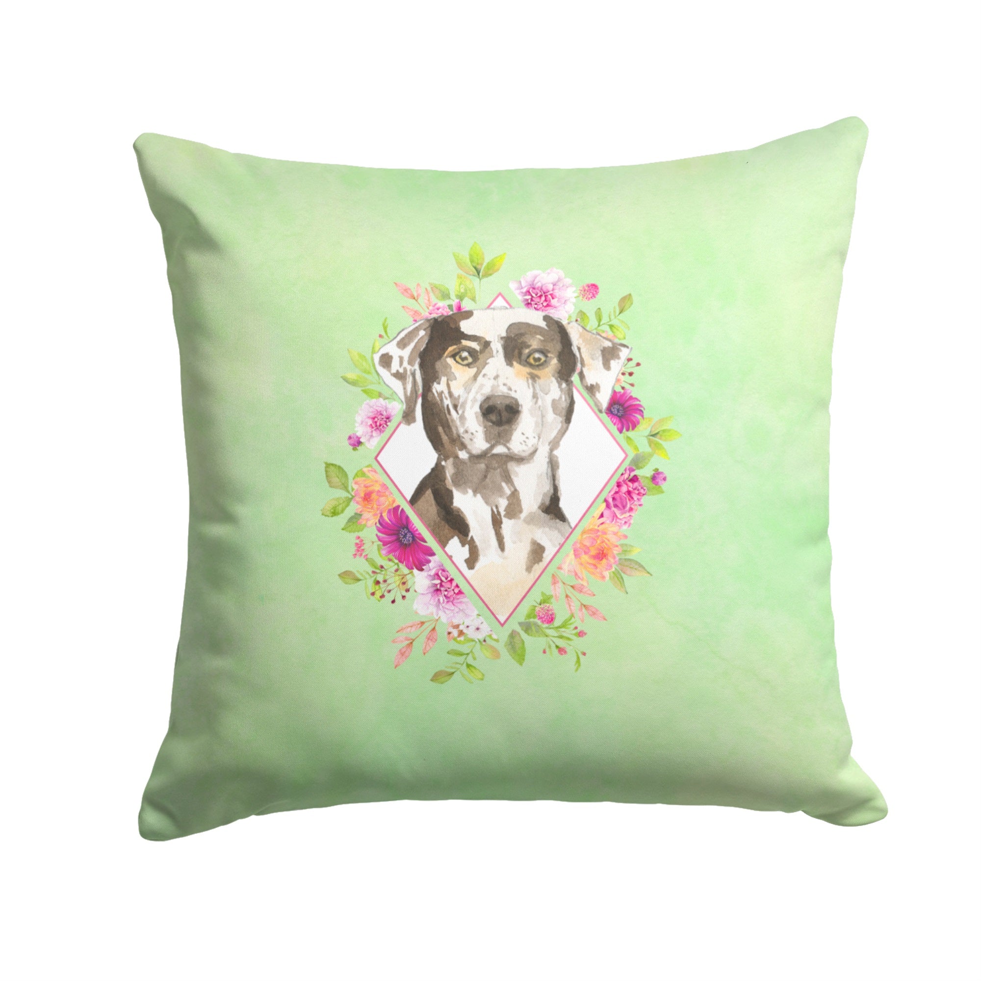 Catahoula Leopard Dog Green Flowers Fabric Decorative Pillow
