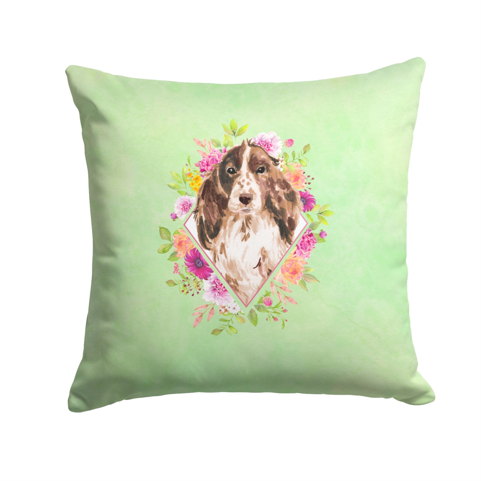 Brown Parti Cocker Spaniel Green Flowers Fabric Decorative Pillow