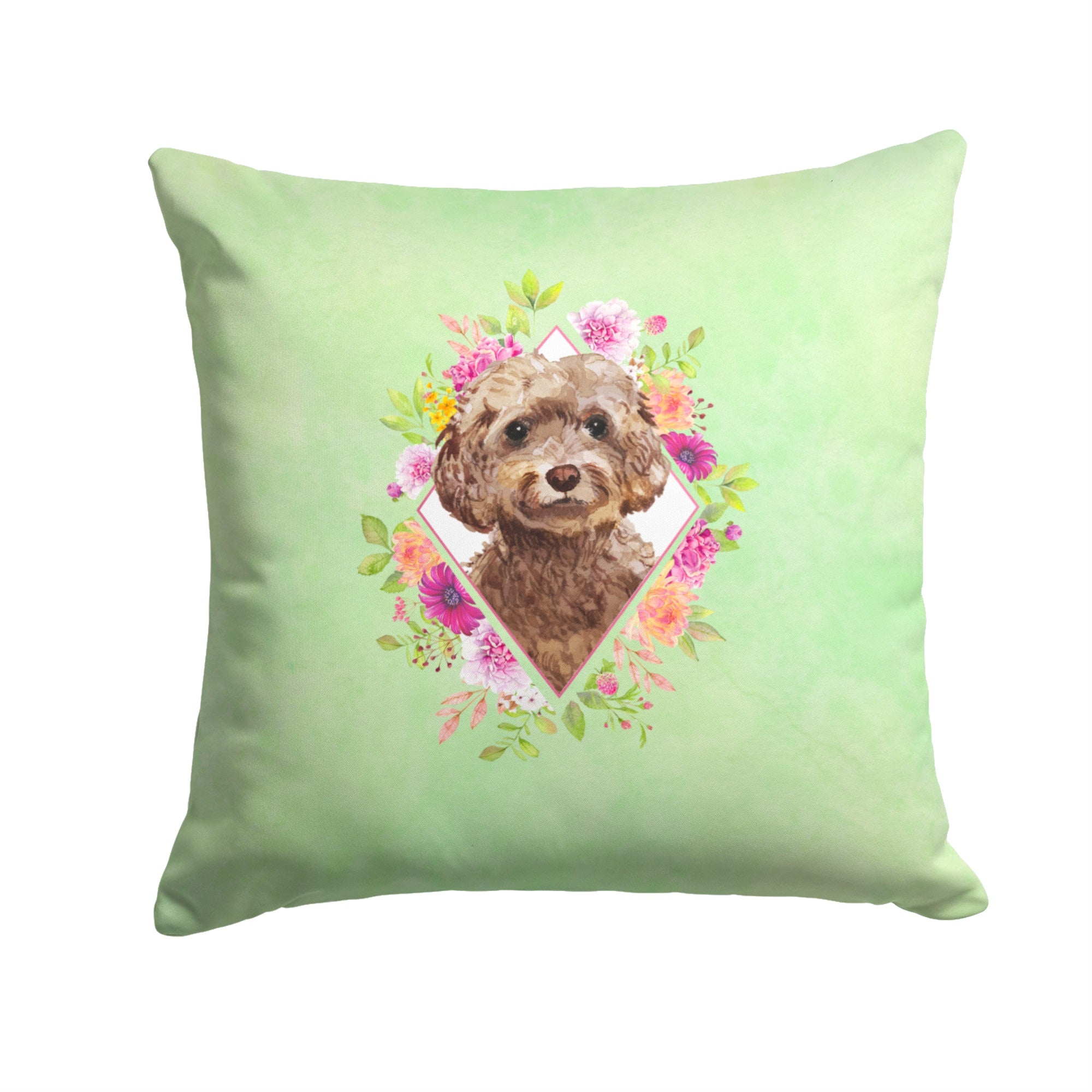 Chocolate Cockapoo Green Flowers Fabric Decorative Pillow