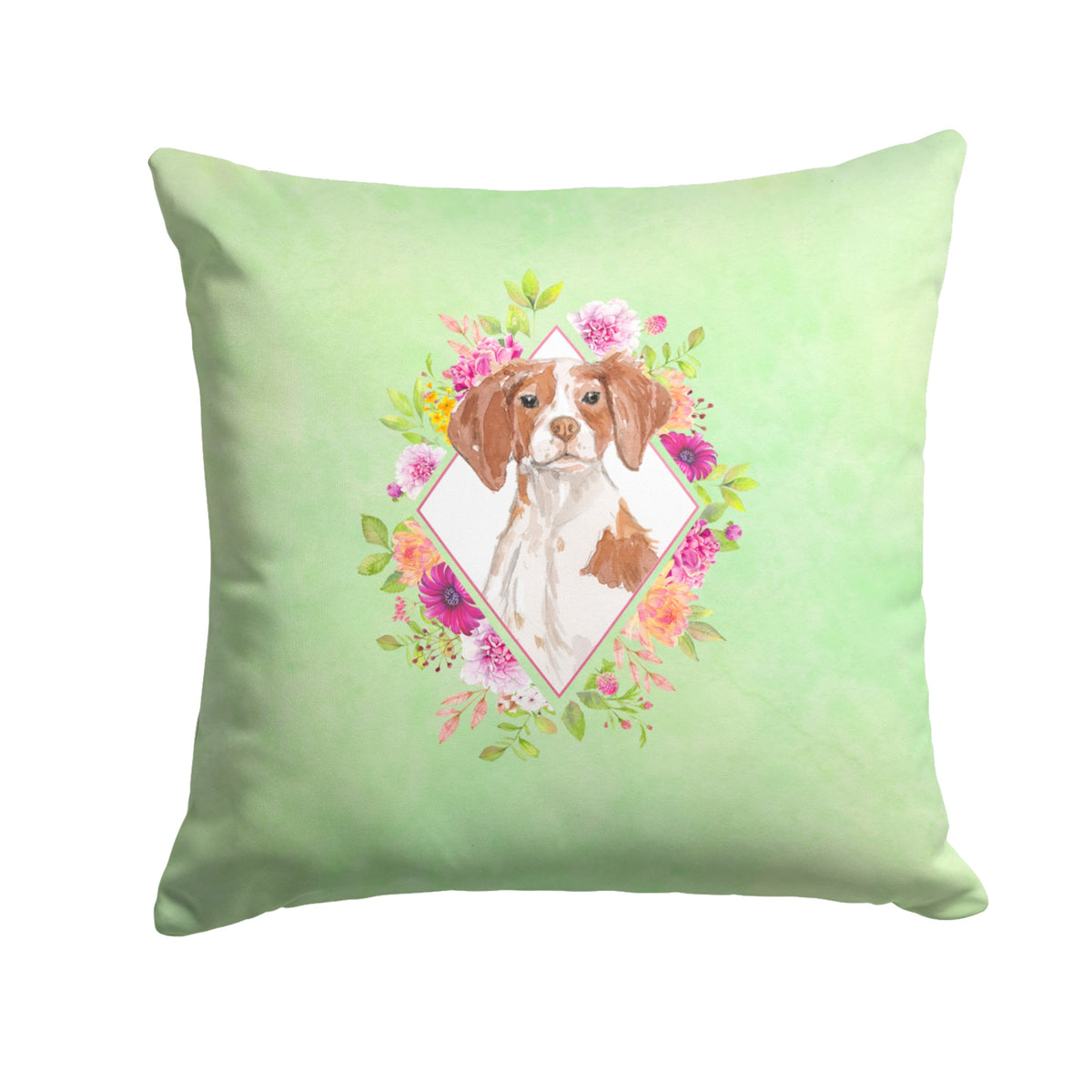 Brittany Spaniel Green Flowers Fabric Decorative Pillow