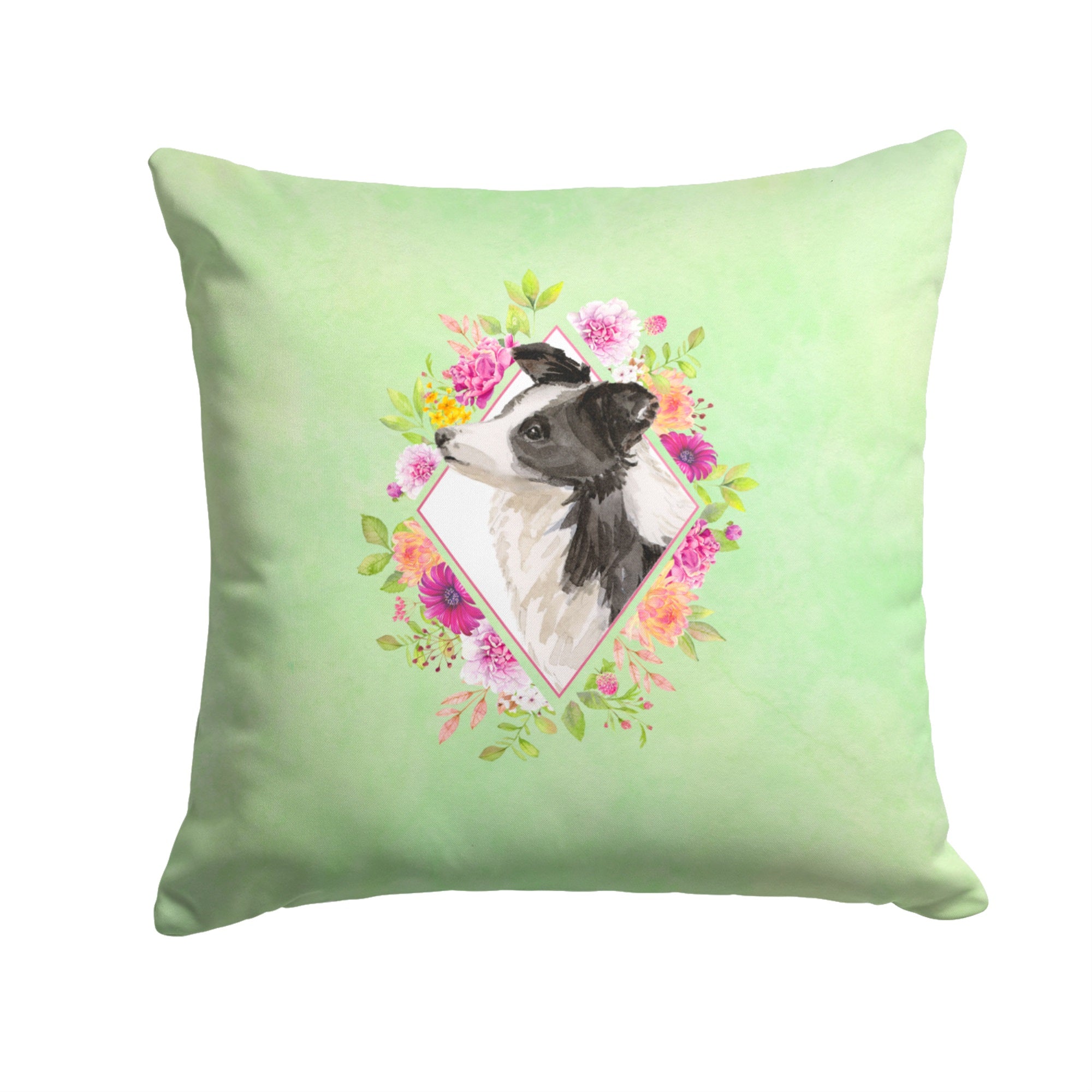 Border Collie Green Flowers Fabric Decorative Pillow