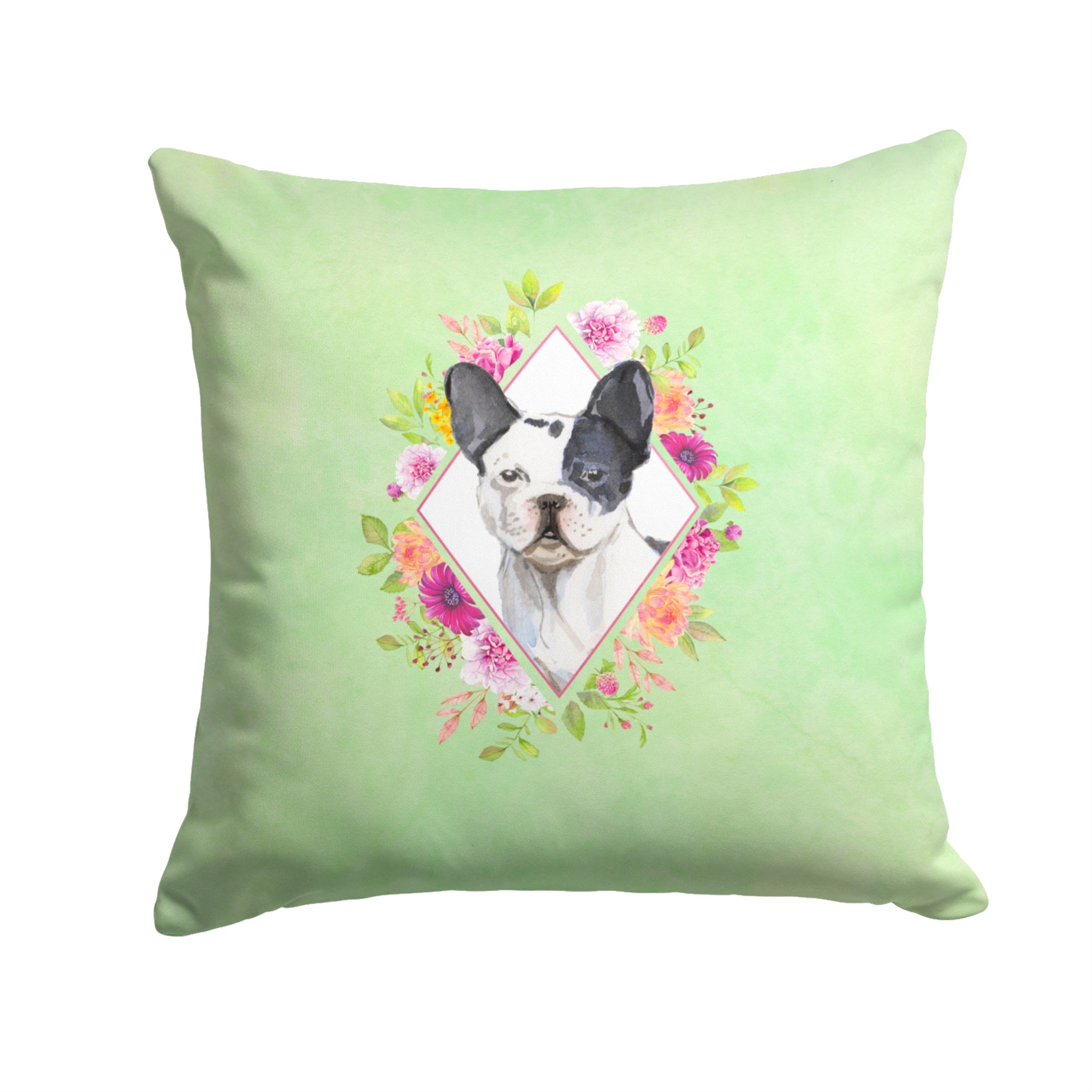 Black And White Frenchie Green Flowers Fabric Decorative Pillow