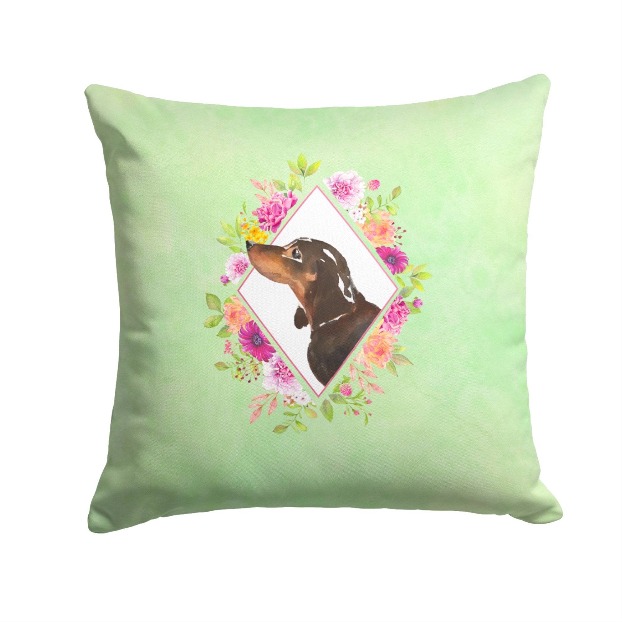 Black And Tan Dachshund Green Flowers Fabric Decorative Pillow