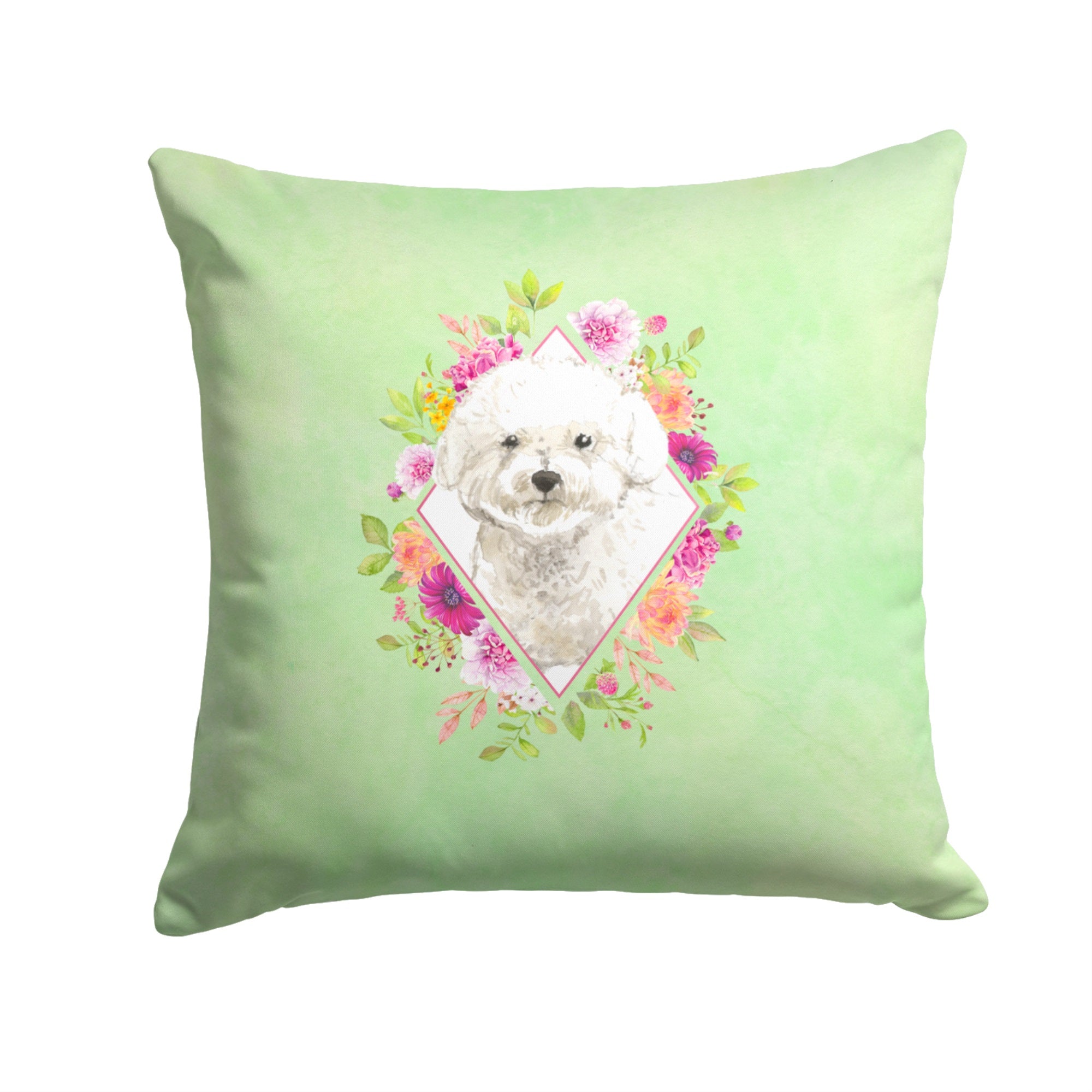 Bichon Frise Green Flowers Fabric Decorative Pillow
