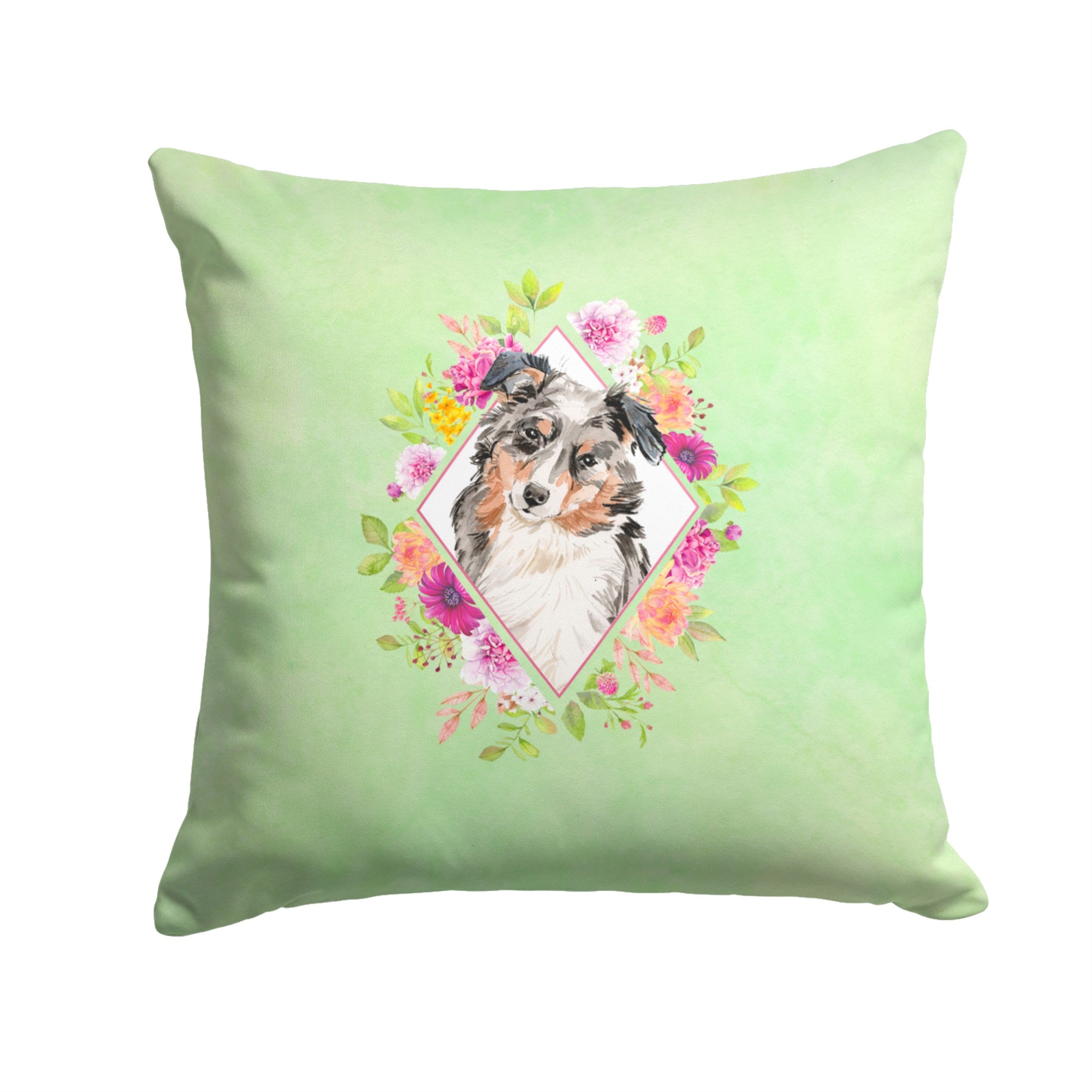 Australian Shepherd Green Flowers Fabric Decorative Pillow