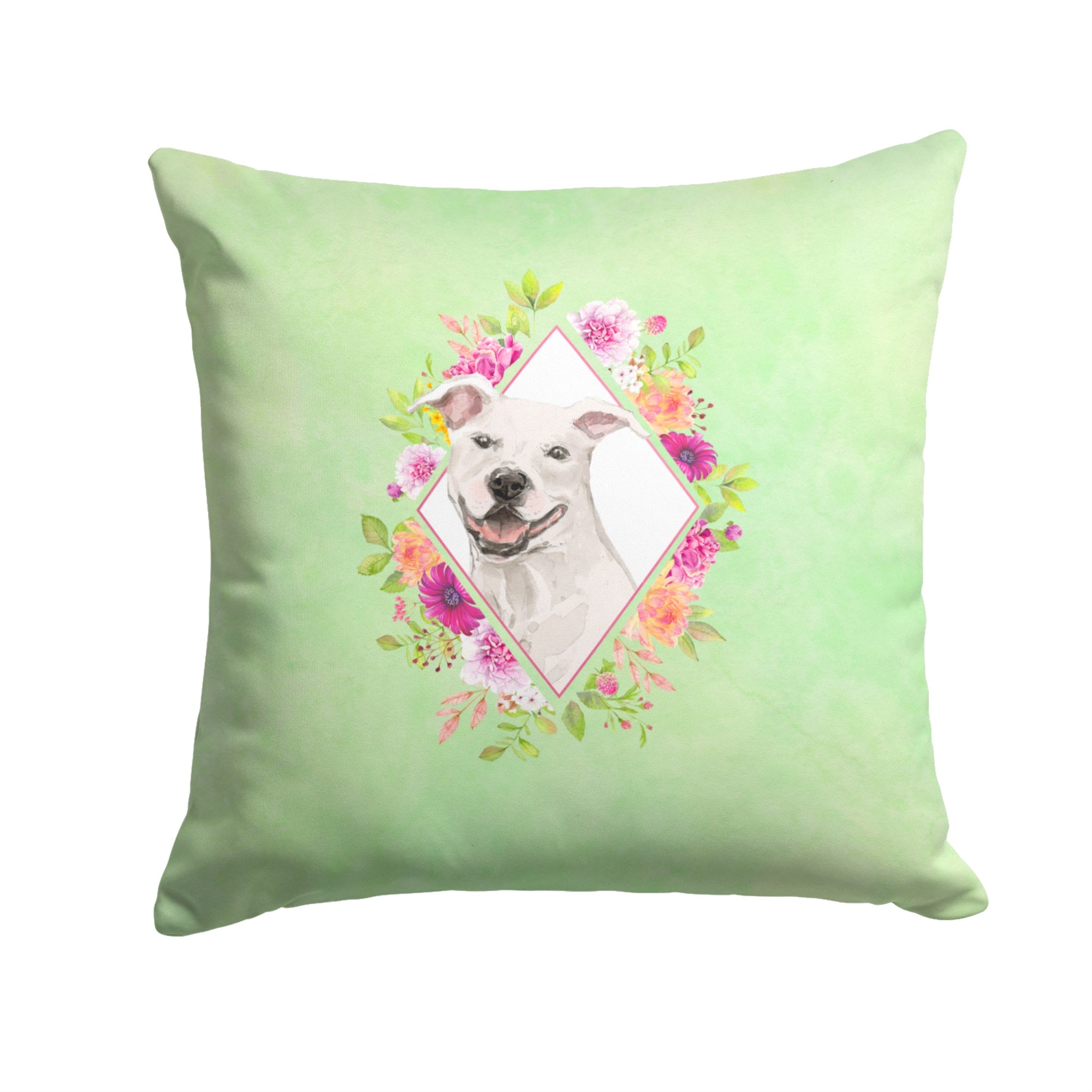 White Pit Bull Terrier Green Flowers Fabric Decorative Pillow