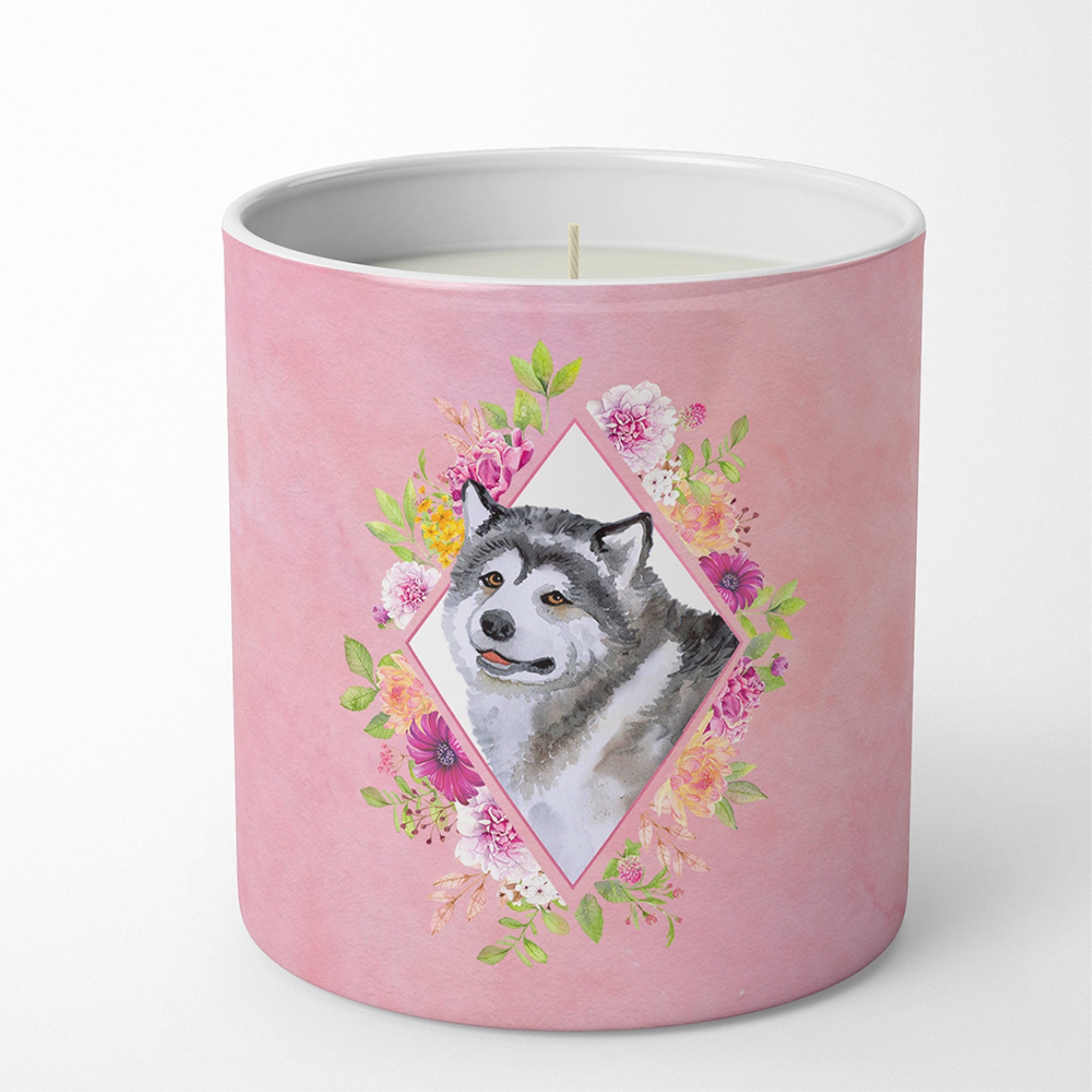 Alaskan Malamute Pink Flowers 10 Oz Decorative Soy Candle