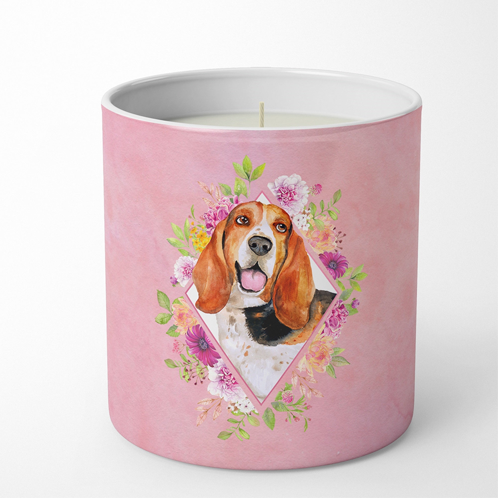 Basset Hound Pink Flowers 10 Oz Decorative Soy Candle