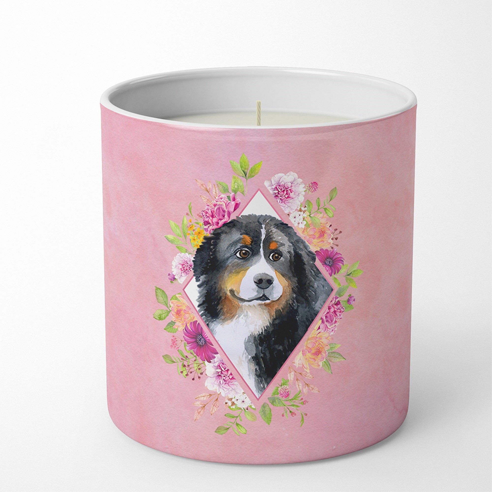 Bernese Mountain Dog Pink Flowers 10 Oz Decorative Soy Candle