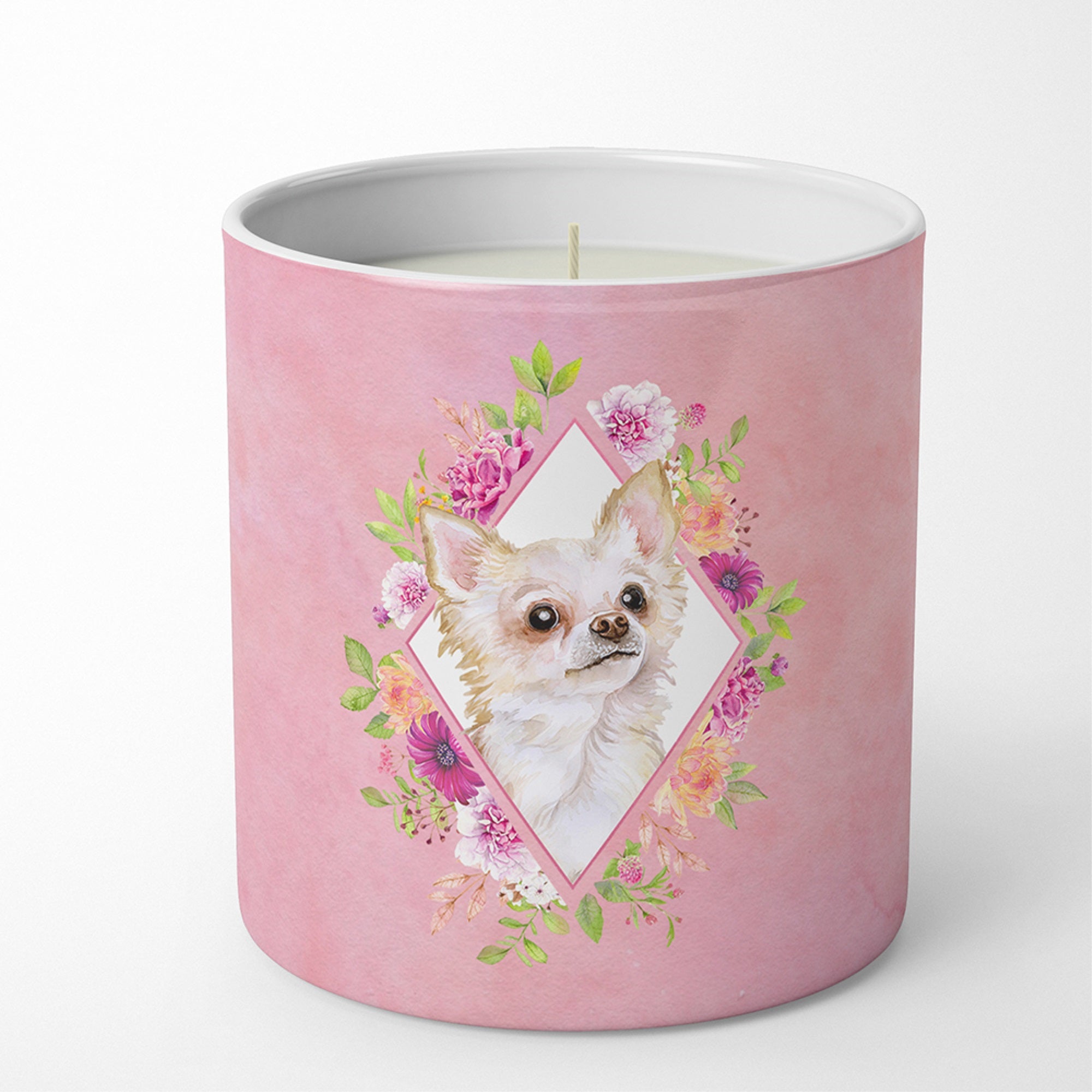 Long Hair Chihuahua Pink Flowers 10 Oz Decorative Soy Candle