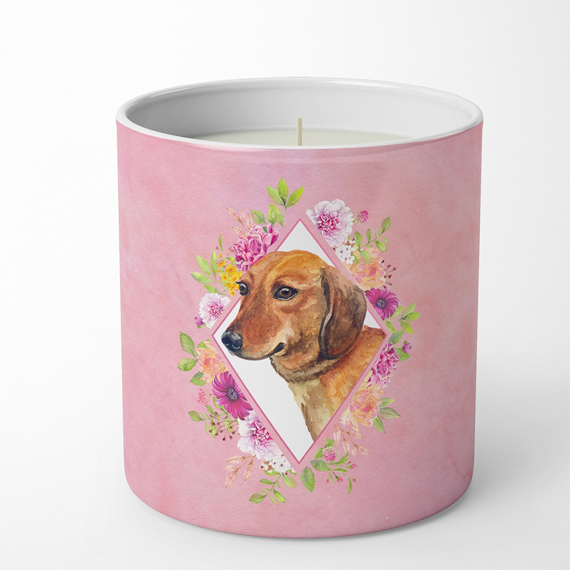 Dachshund Red #1 Pink Flowers 10 Oz Decorative Soy Candle