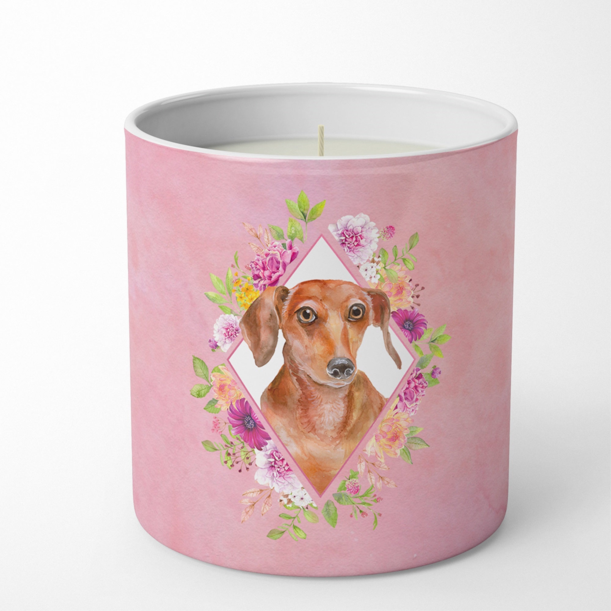 Dachshund Red #2 Pink Flowers 10 Oz Decorative Soy Candle