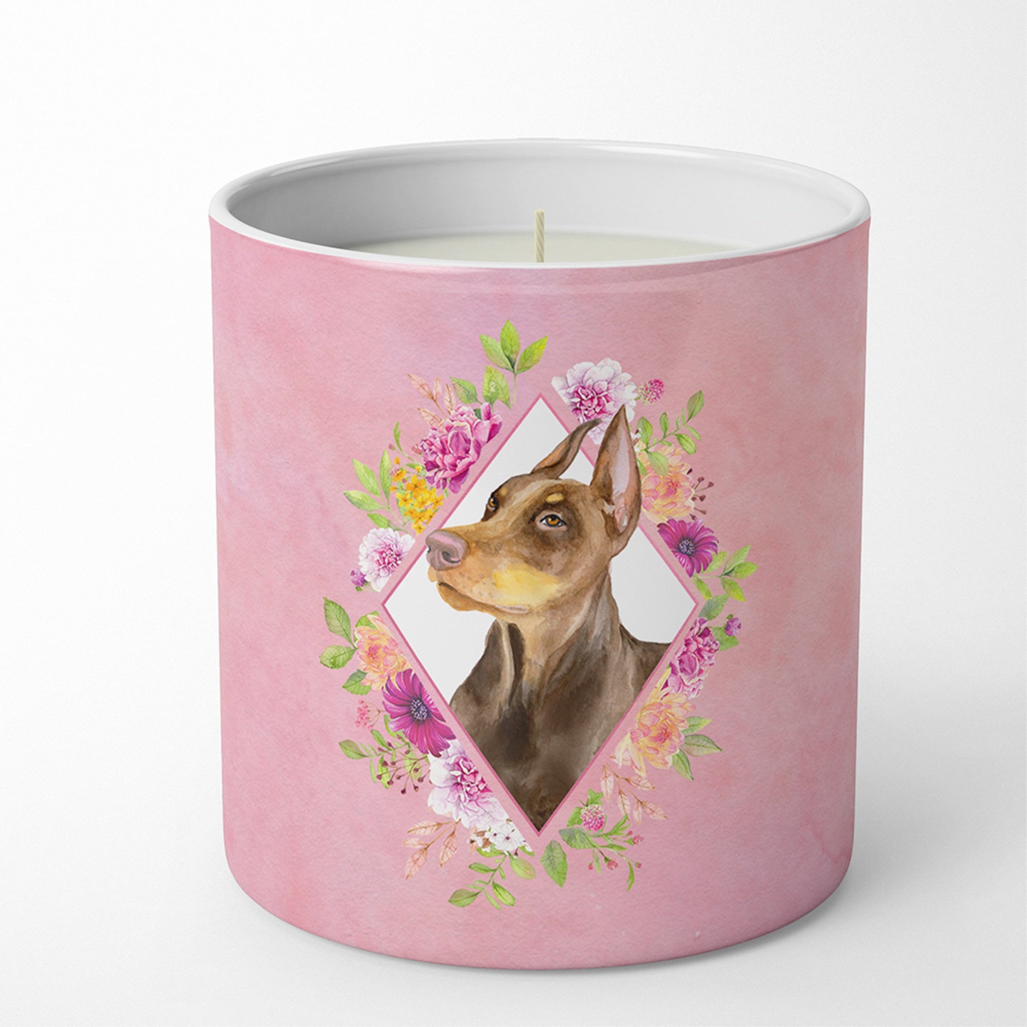 Doberman Pinscher Pink Flowers 10 Oz Decorative Soy Candle