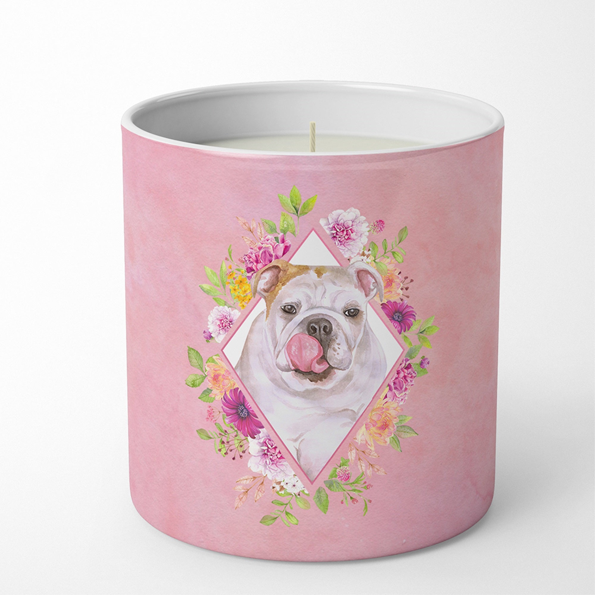 English Bulldog Pink Flowers 10 Oz Decorative Soy Candle
