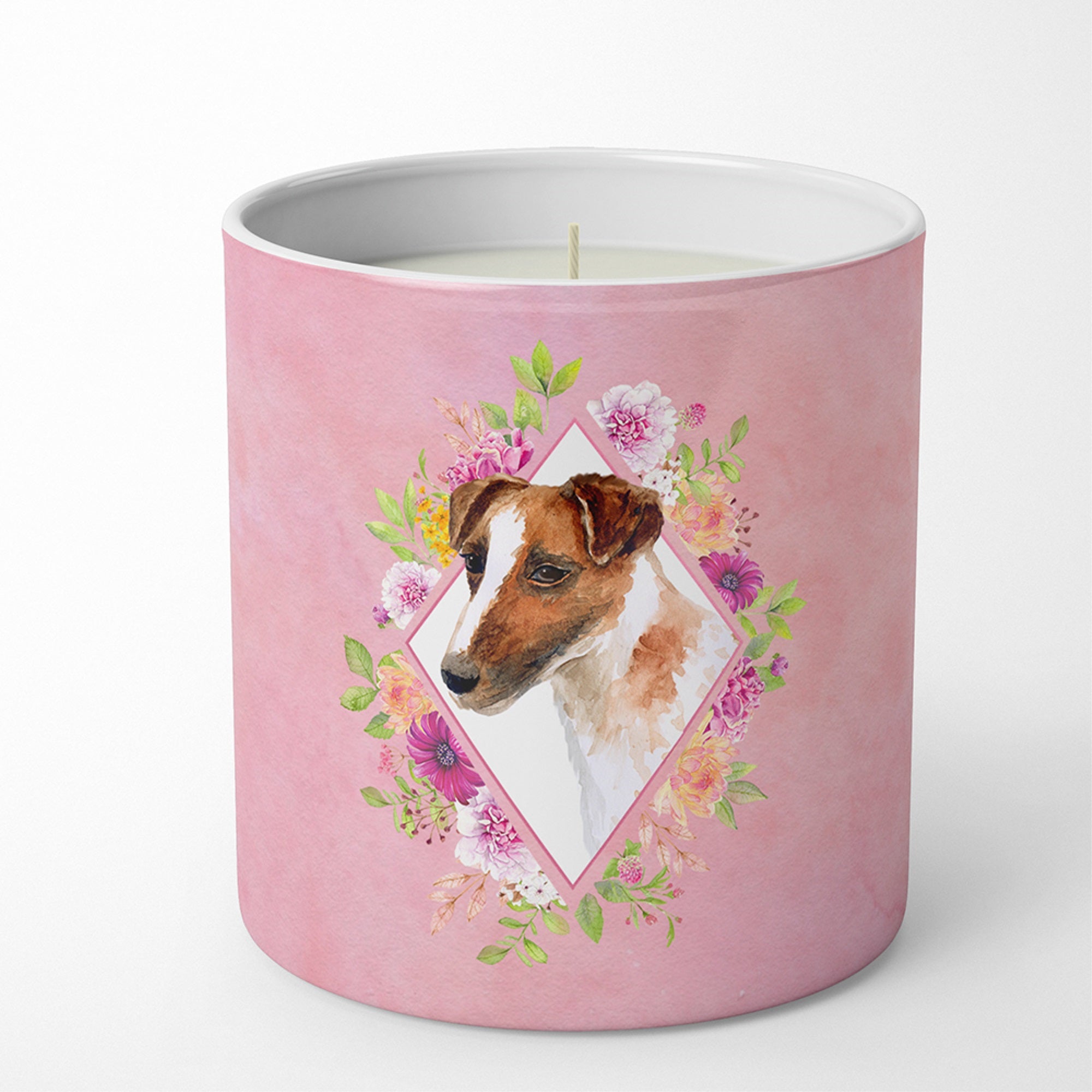 Jack Russell Terrier Pink Flowers 10 Oz Decorative Soy Candle
