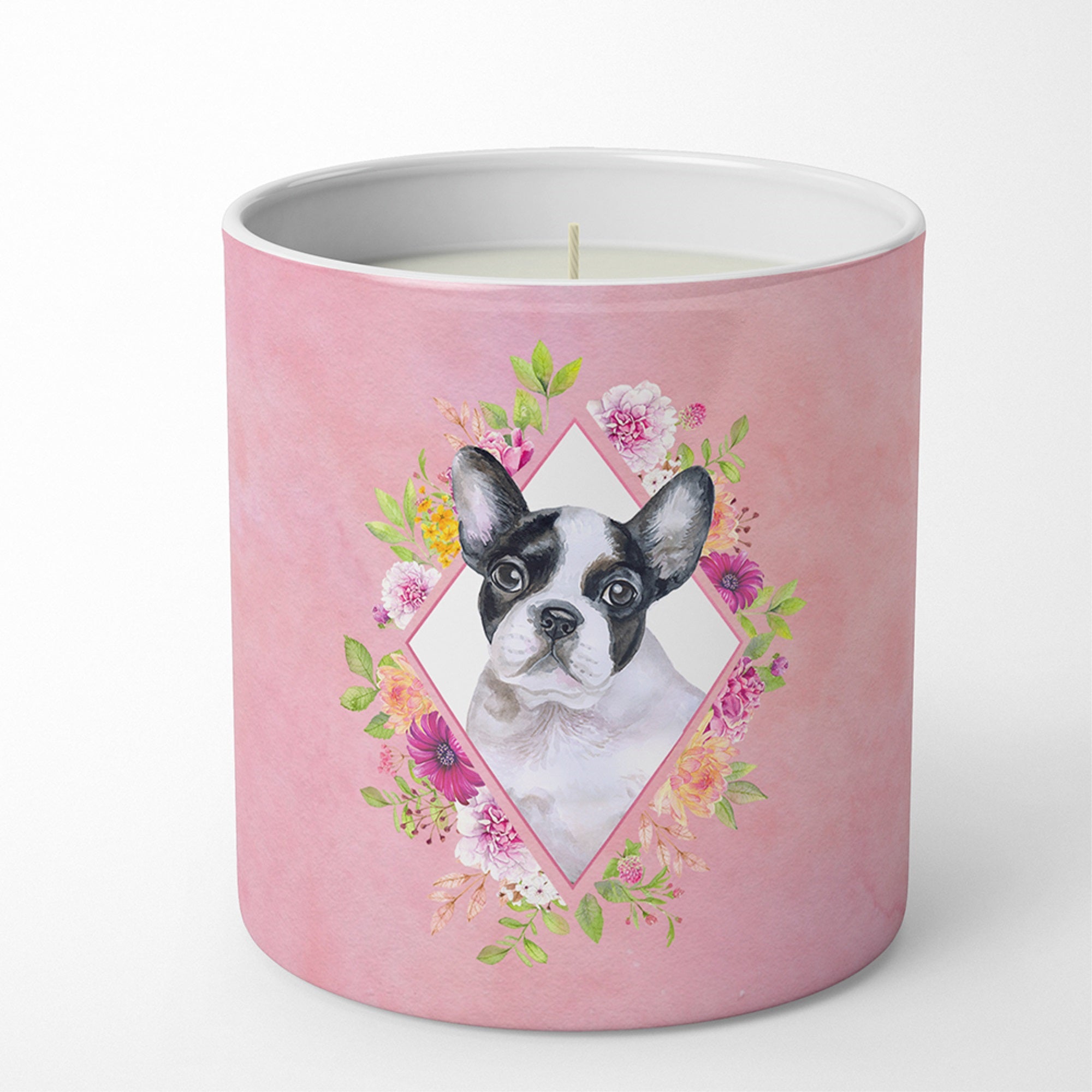 French Bulldog Pink Flowers 10 Oz Decorative Soy Candle