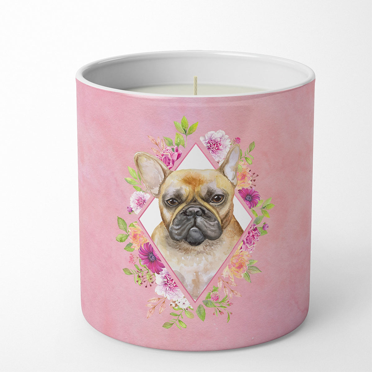 Fawn French Bulldog Pink Flowers 10 Oz Decorative Soy Candle