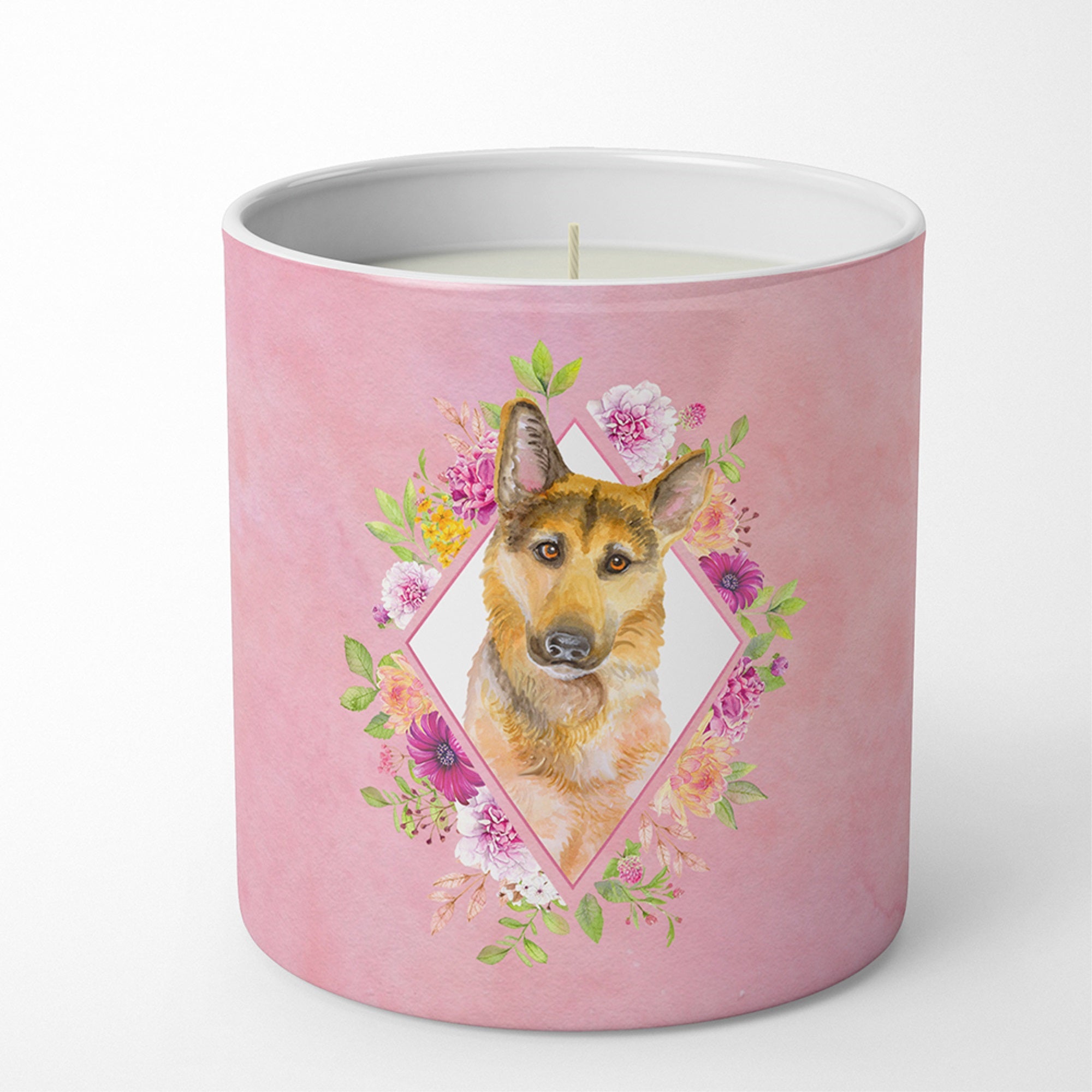German Shepherd #2 Pink Flowers 10 Oz Decorative Soy Candle