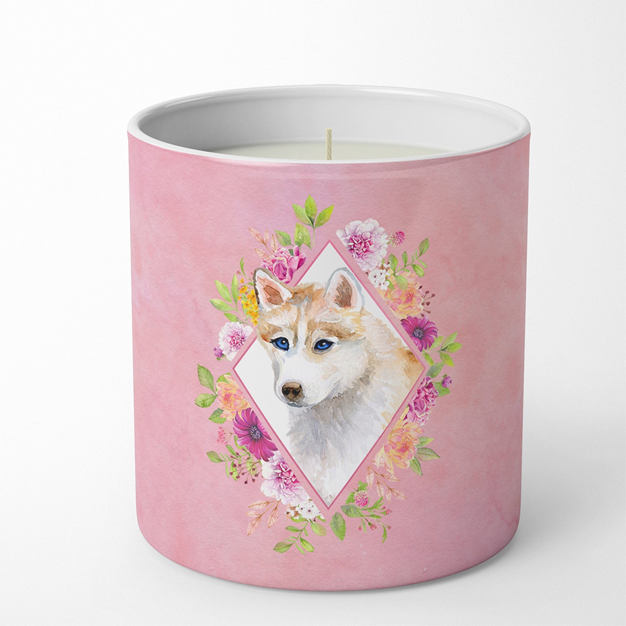 Red Siberian Husky Pink Flowers 10 Oz Decorative Soy Candle