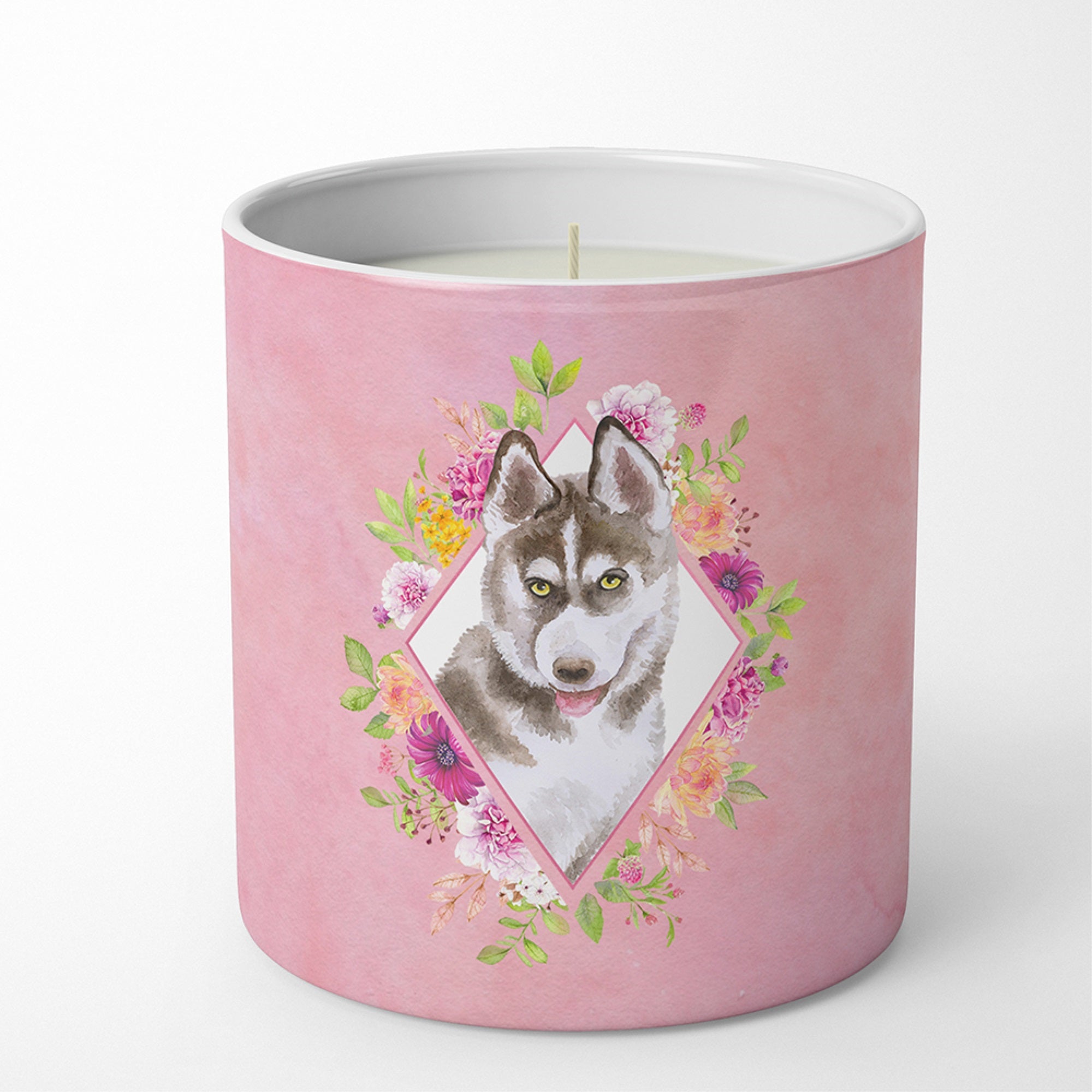 Siberian Husky #2 Pink Flowers 10 Oz Decorative Soy Candle